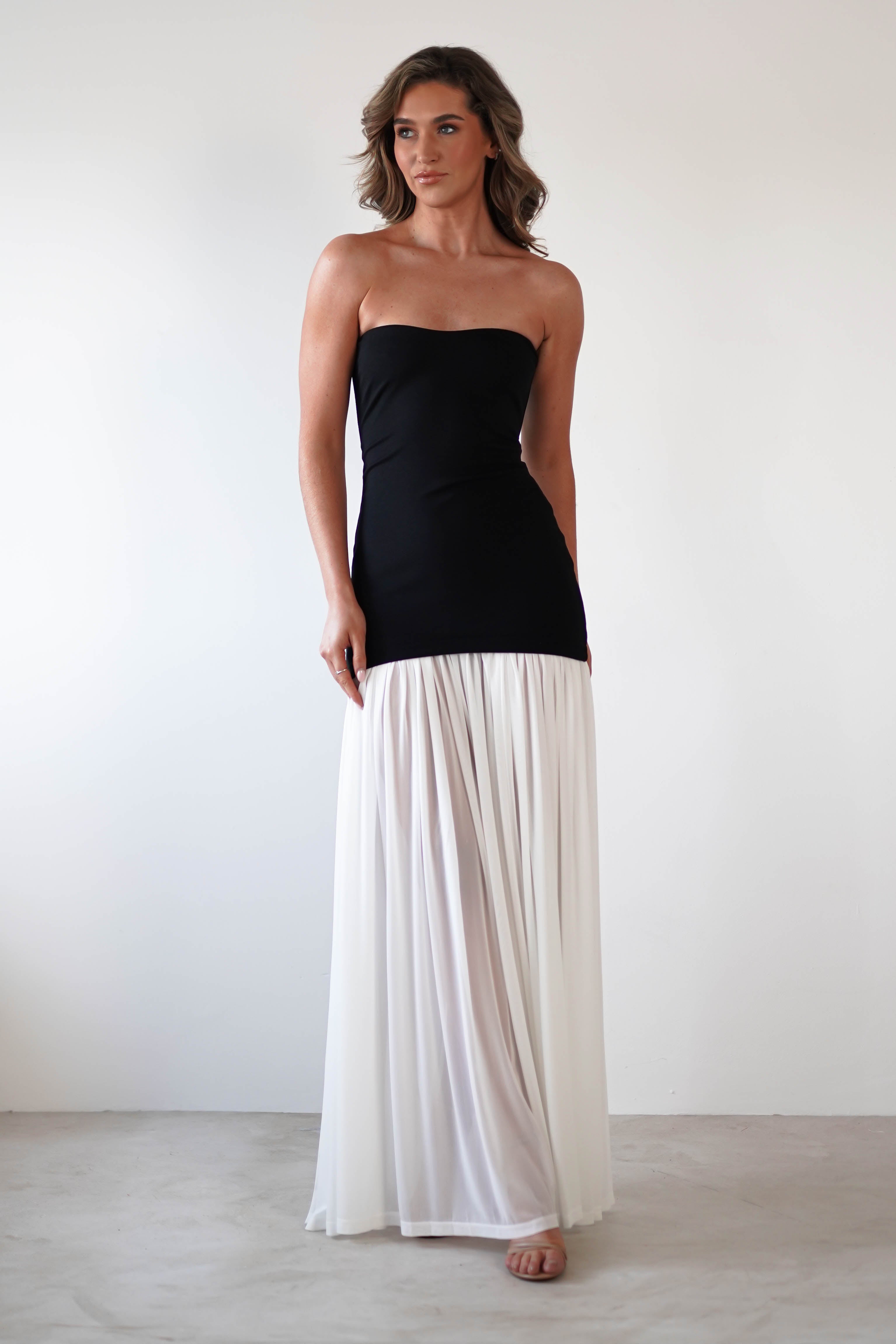 Mel Strapless Chiffon Skirt Maxi Dress Black/White | Wedding Guest Dress | Maxi | Chiffon | Oh Hello Clothing