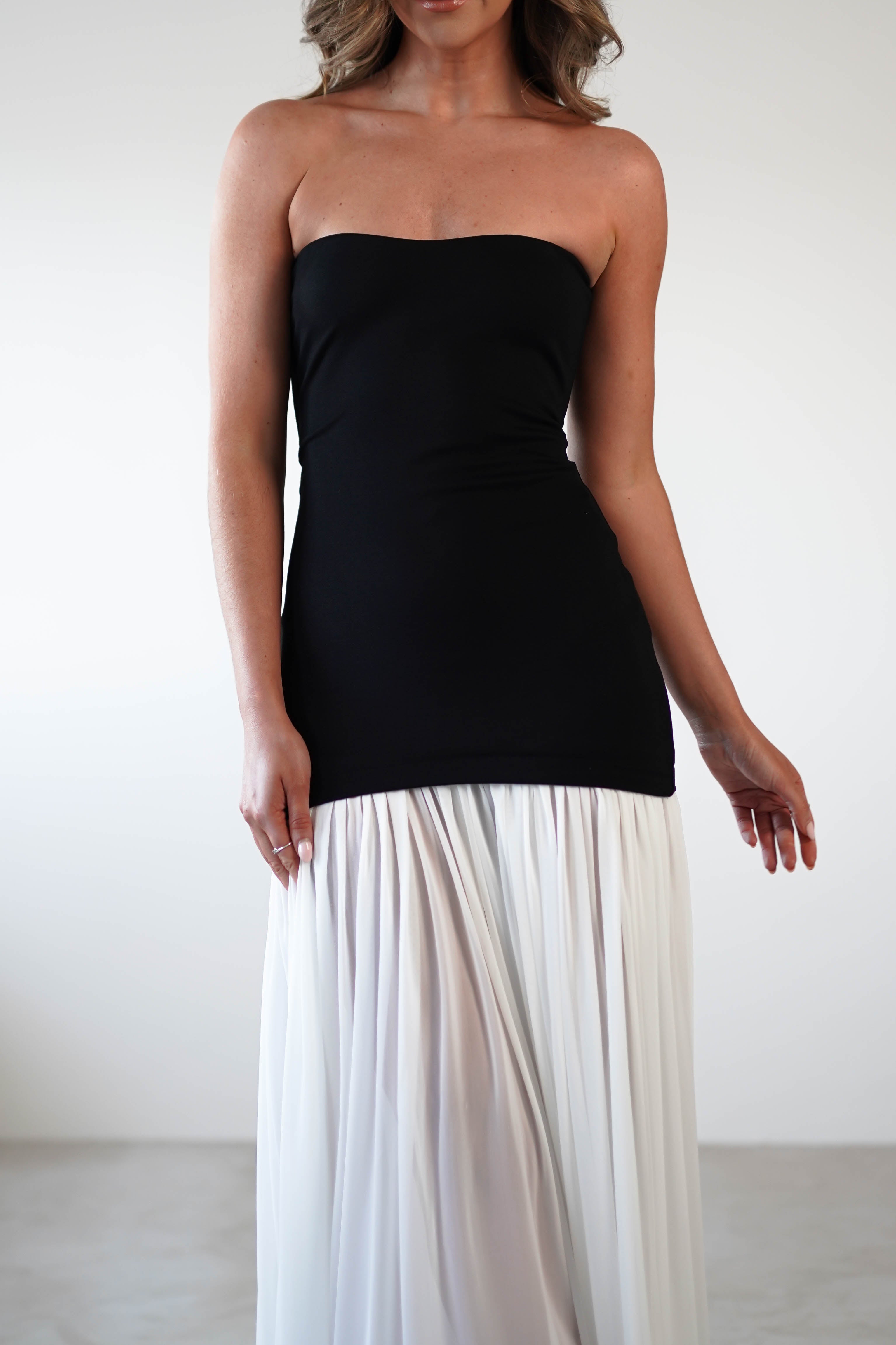 Mel Strapless Chiffon Skirt Maxi Dress Black/White | Wedding Guest Dress | Maxi | Chiffon | Oh Hello Clothing