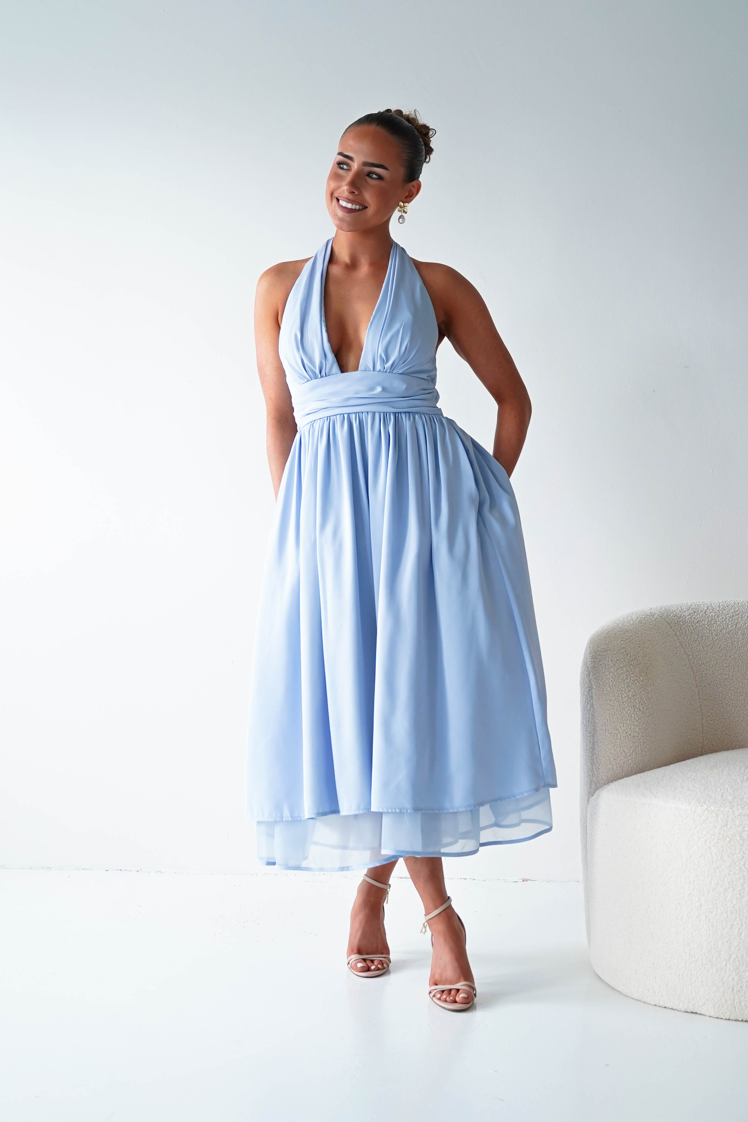 Oh Hello Clothing Women > Clothing > Dresses 1*DONE-MF23143-Blue Halterneck Midi Dress