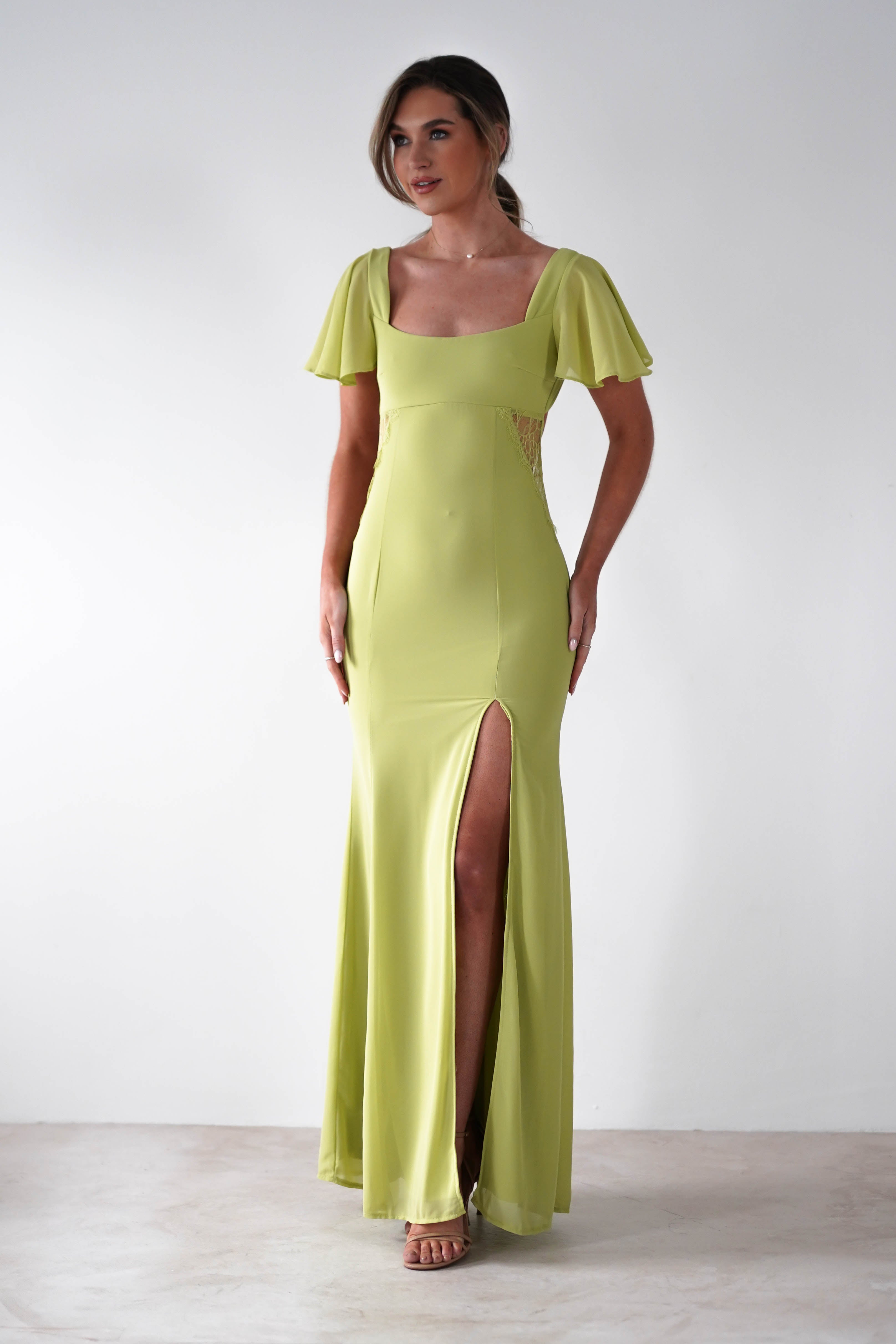 Preston Flutter Sleeve Maxi Dress Lime Green | Wedding Guest Dress | Maxi | Oh Hello Clothing