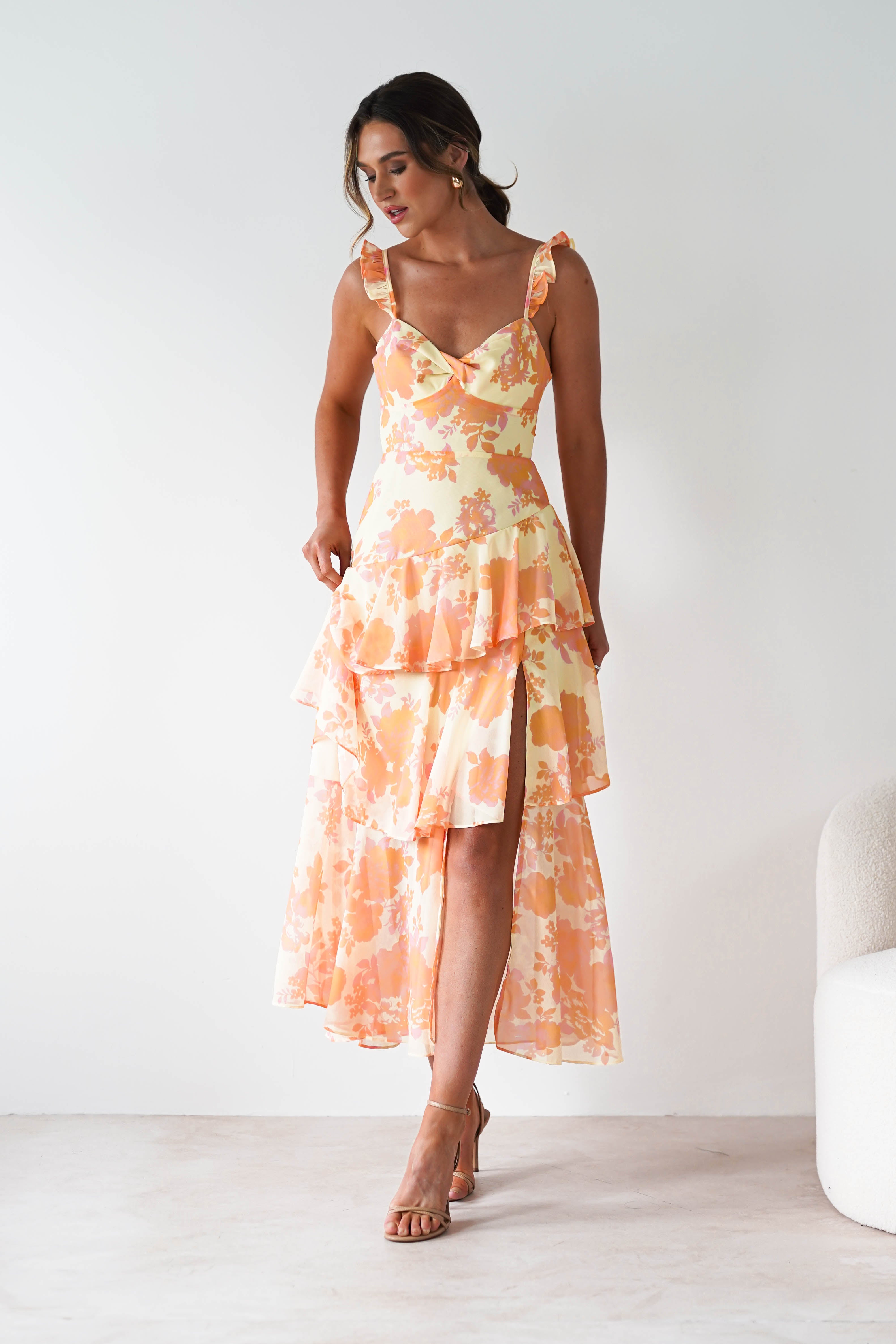 Allie Ruffle Floral Maxi Dress Yellow/Peach | Wedding Guest Dress | Maxi | Oh Hello Clothing