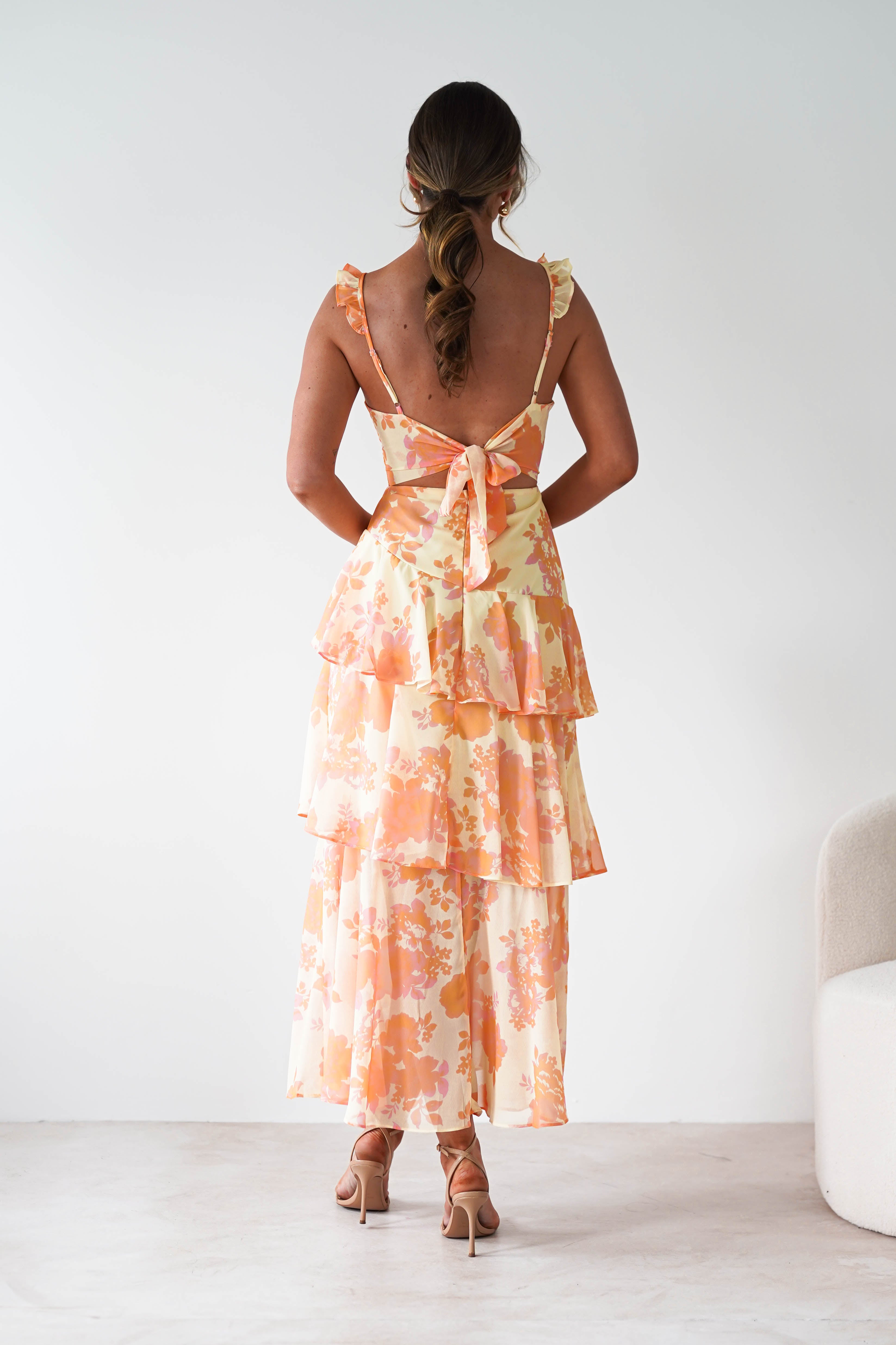 Allie Ruffle Floral Maxi Dress Yellow/Peach | Wedding Guest Dress | Maxi | Oh Hello Clothing