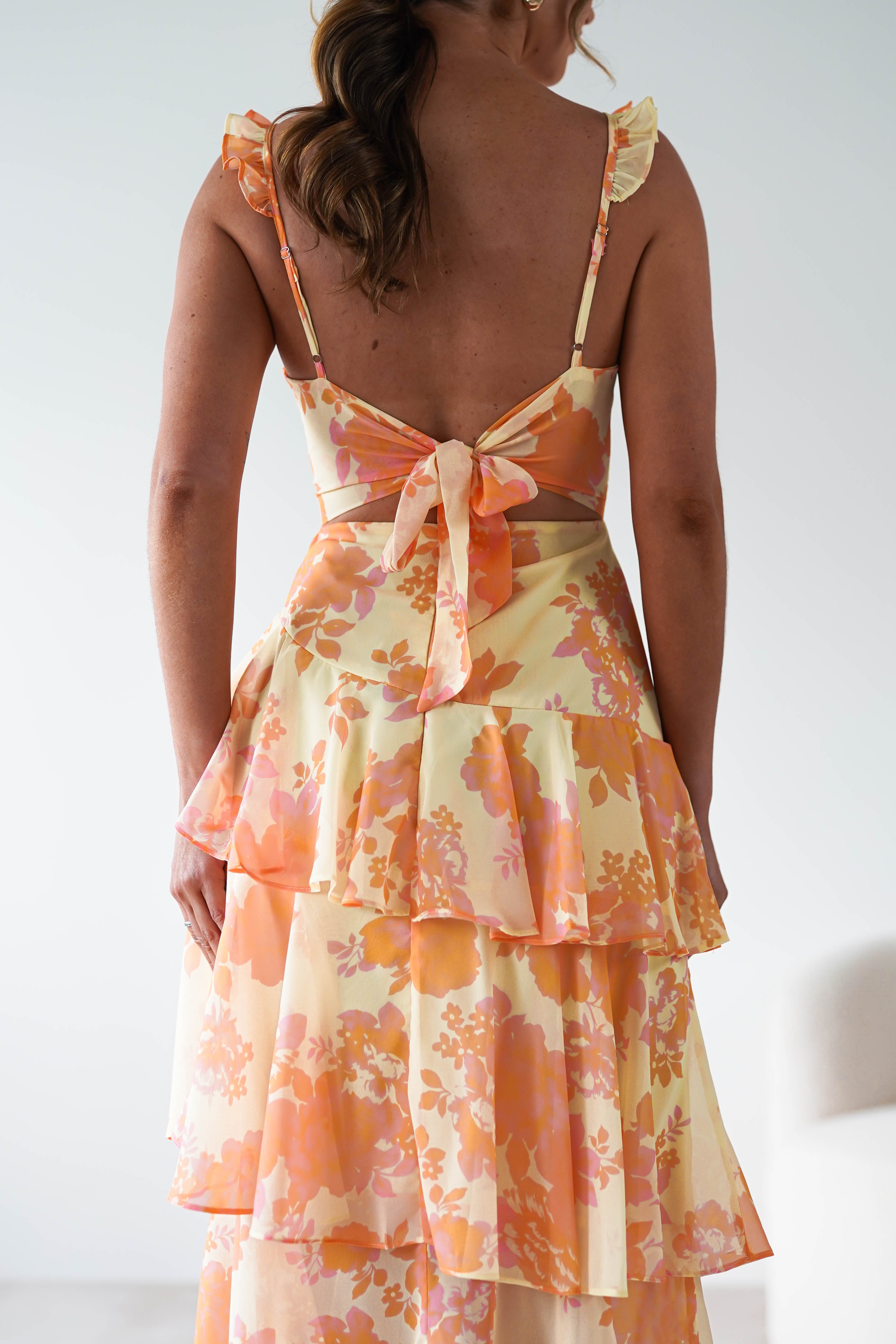 Allie Ruffle Floral Maxi Dress Yellow/Peach | Wedding Guest Dress | Maxi | Oh Hello Clothing