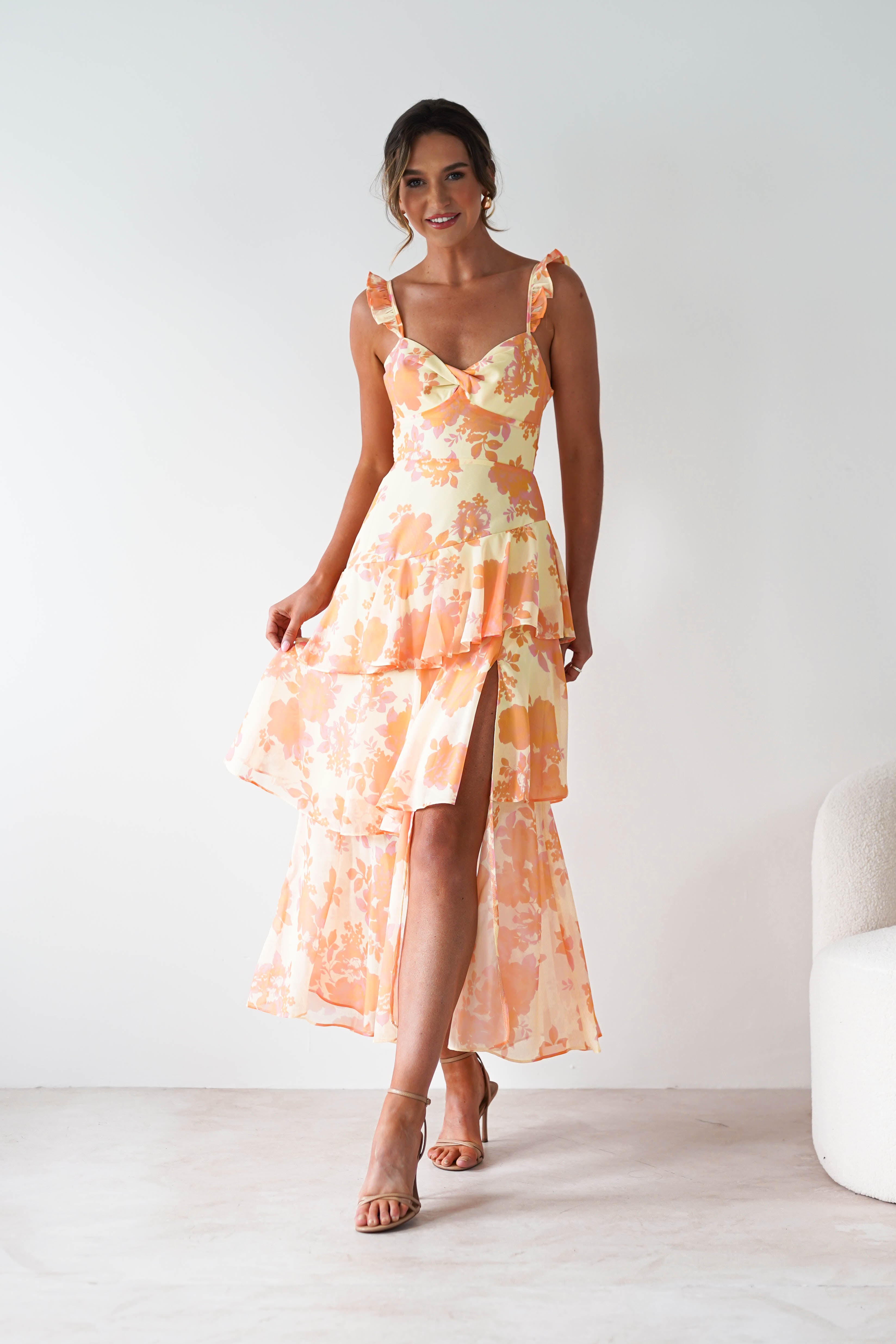 Allie Ruffle Floral Maxi Dress Yellow/Peach | Wedding Guest Dress | Maxi | Oh Hello Clothing