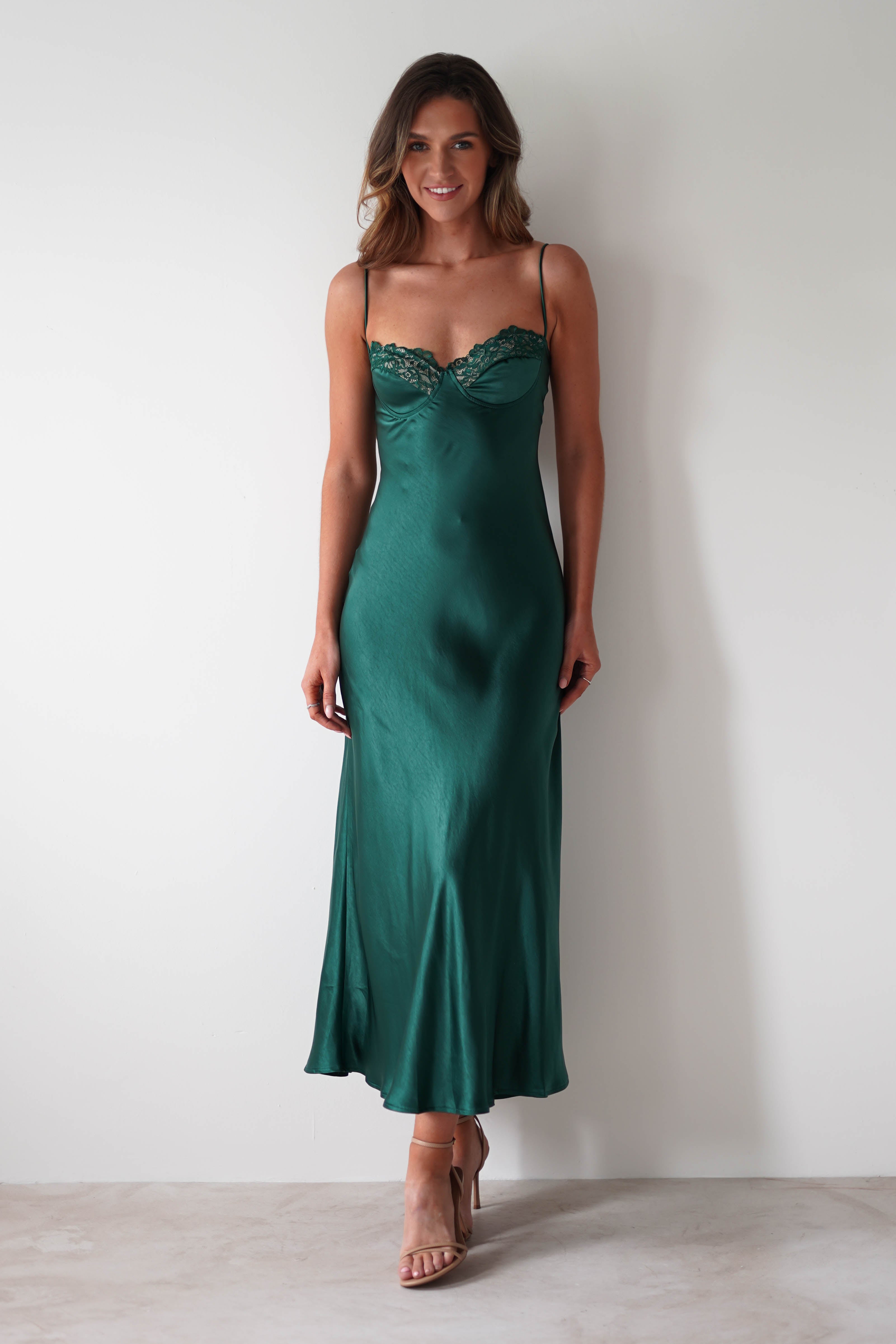 Ricci Soft Satin Maxi Dress | Forest Green | Wedding Guest Dress | Oh Hello Clothing