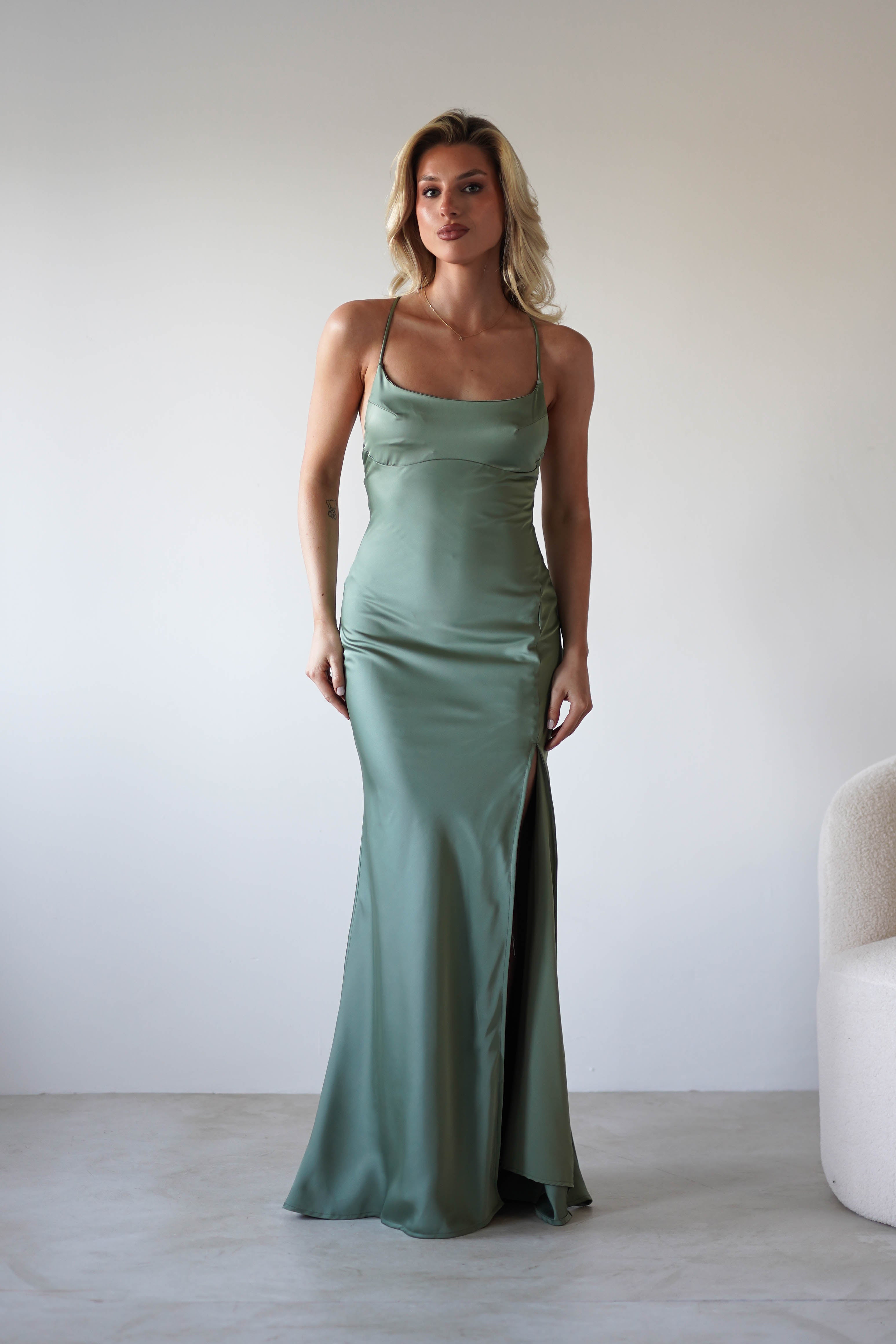 Elsa Matte Satin Maxi Gown | Olive | Debs & Prom | Formal Gown | Oh Hello Clothing