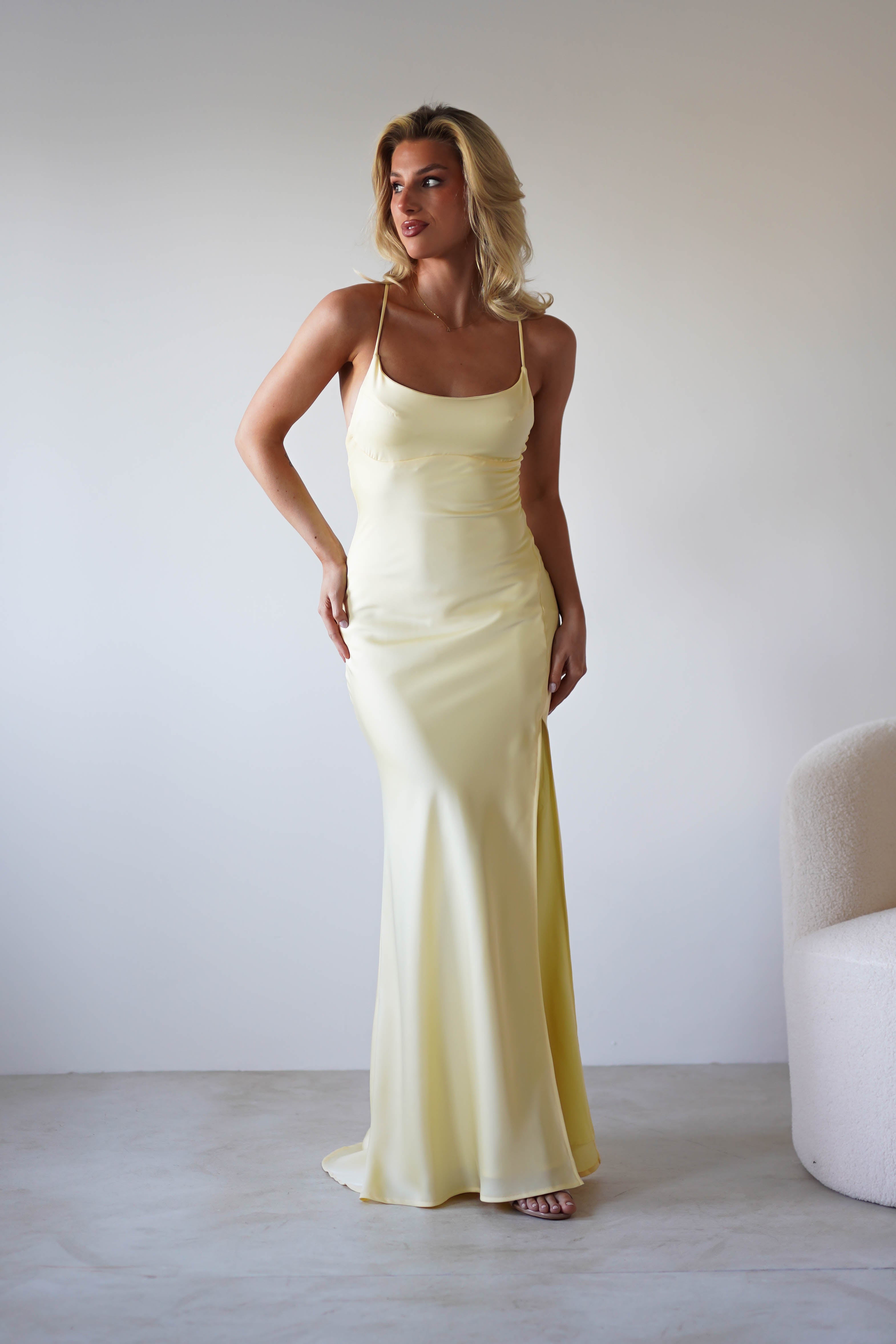 Elsa Matte Satin Maxi Gown | Yellow | Debs & Prom | Formal Gown | Oh Hello Clothing