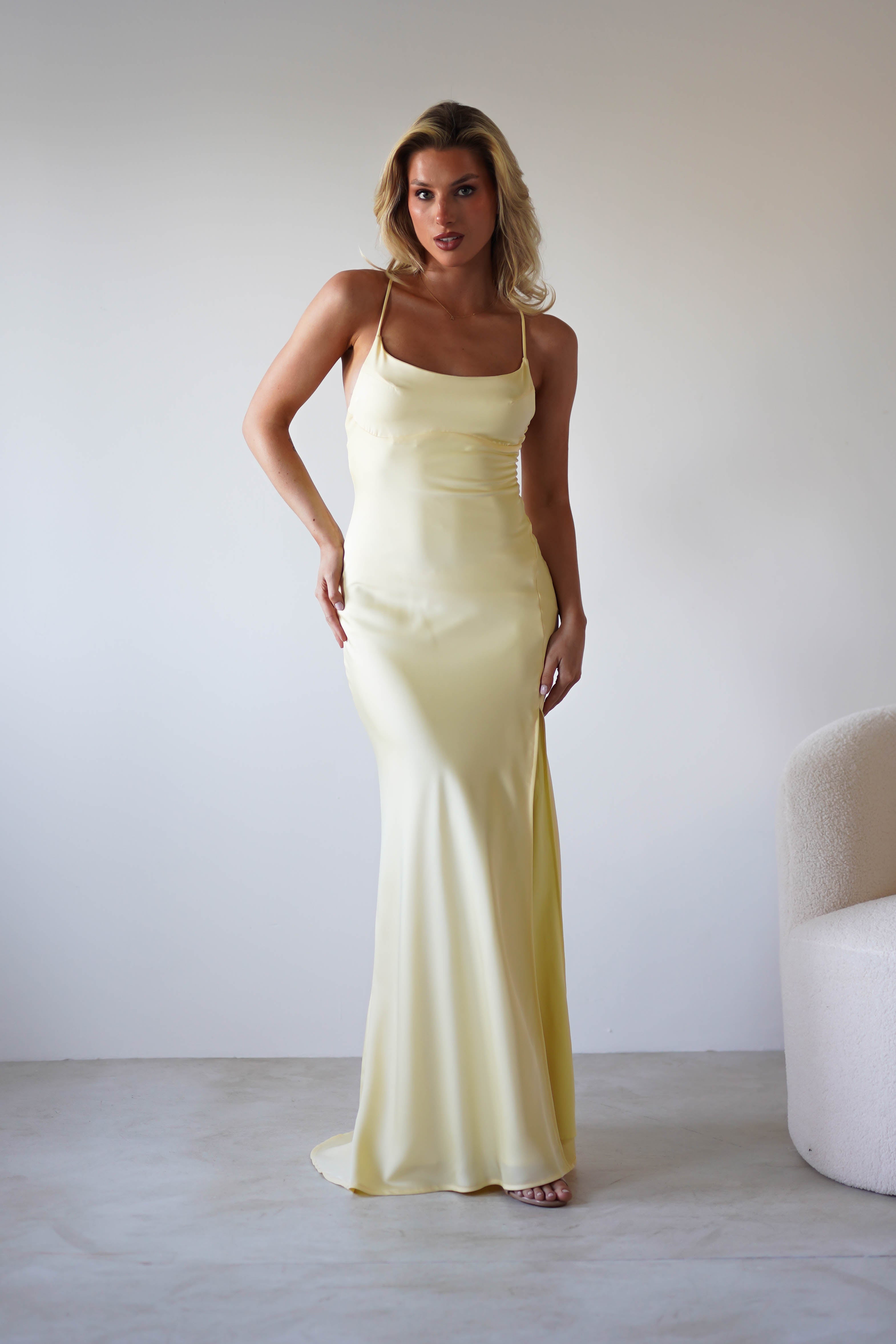 Elsa Matte Satin Maxi Gown | Yellow | Debs & Prom | Formal Gown | Oh Hello Clothing