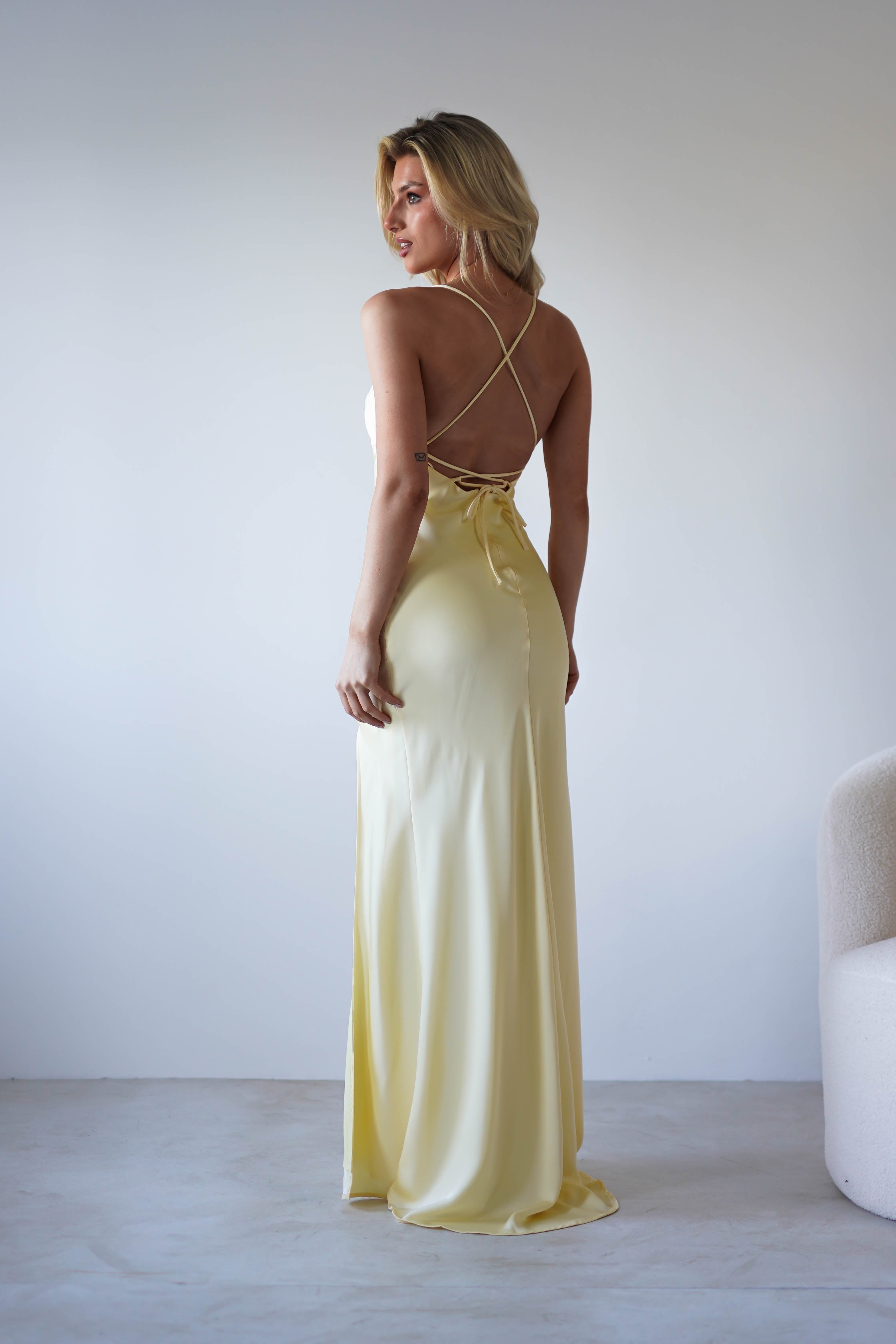 Elsa Matte Satin Maxi Gown | Yellow | Debs & Prom | Formal Gown | Oh Hello Clothing