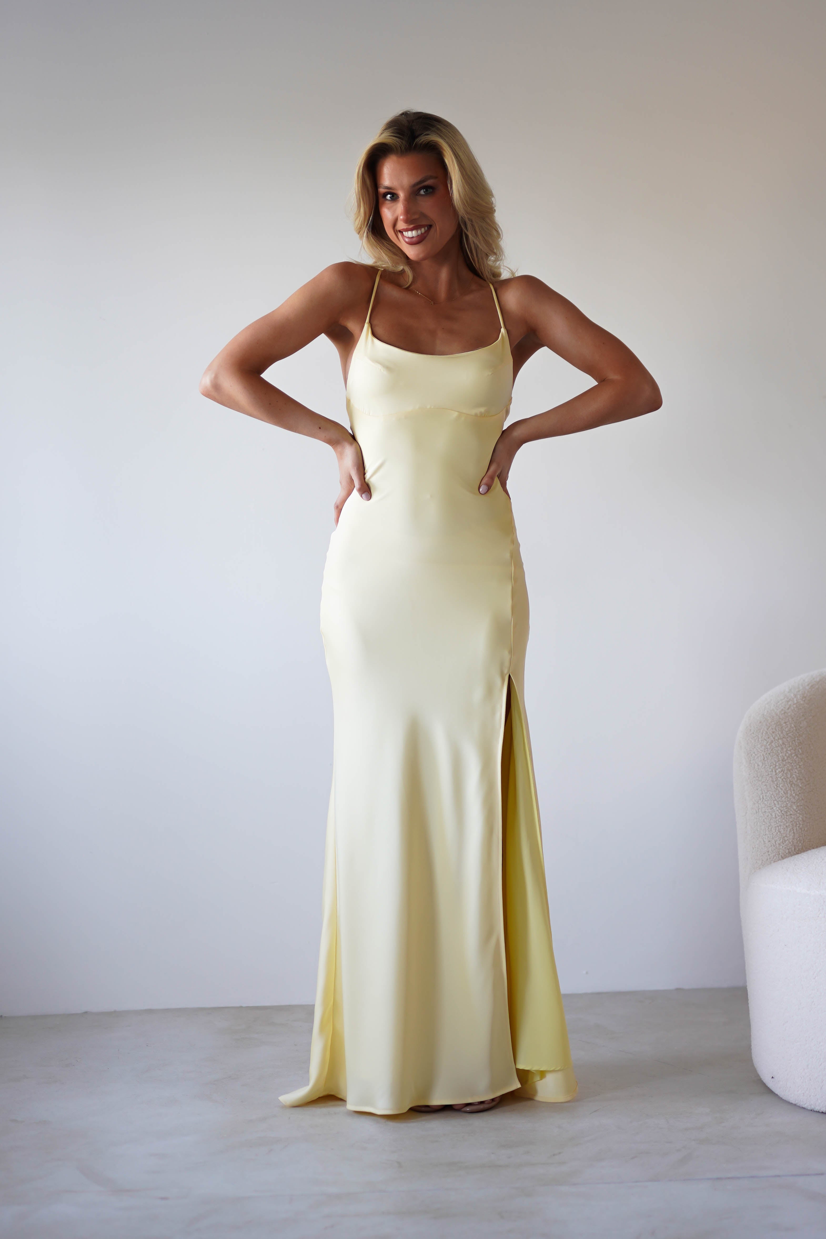 Elsa Matte Satin Maxi Gown | Yellow | Debs & Prom | Formal Gown | Oh Hello Clothing