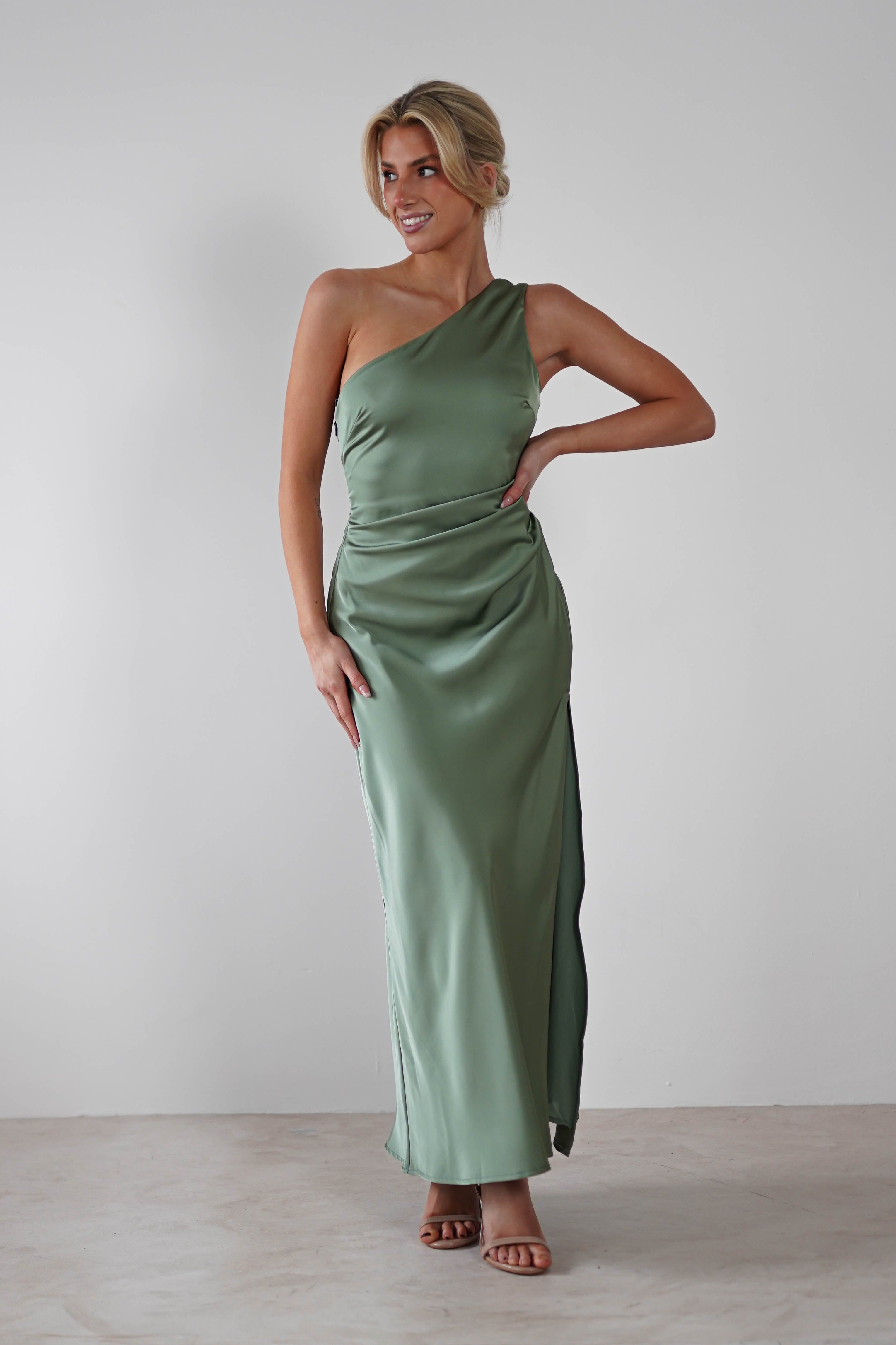 Meera Soft Matte Satin Midaxi Dress Olive | Wedding Guest Dress | Satin | Oh Hello Clothing