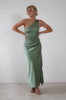 Meera Soft Matte Satin Midaxi Dress Olive | Wedding Guest Dress | Satin | Oh Hello Clothing