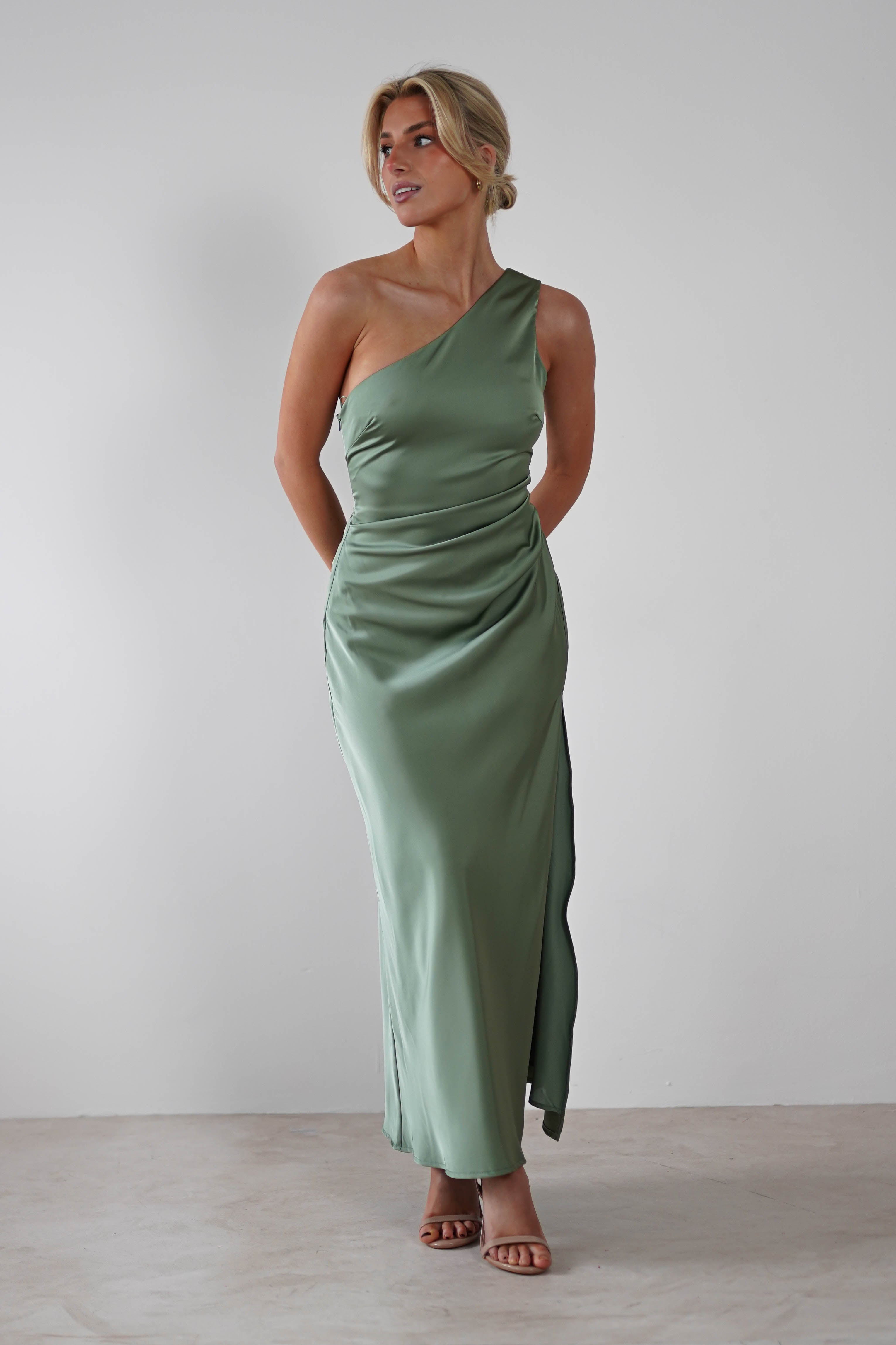 Meera Soft Matte Satin Midaxi Dress Olive | Wedding Guest Dress | Satin | Oh Hello Clothing
