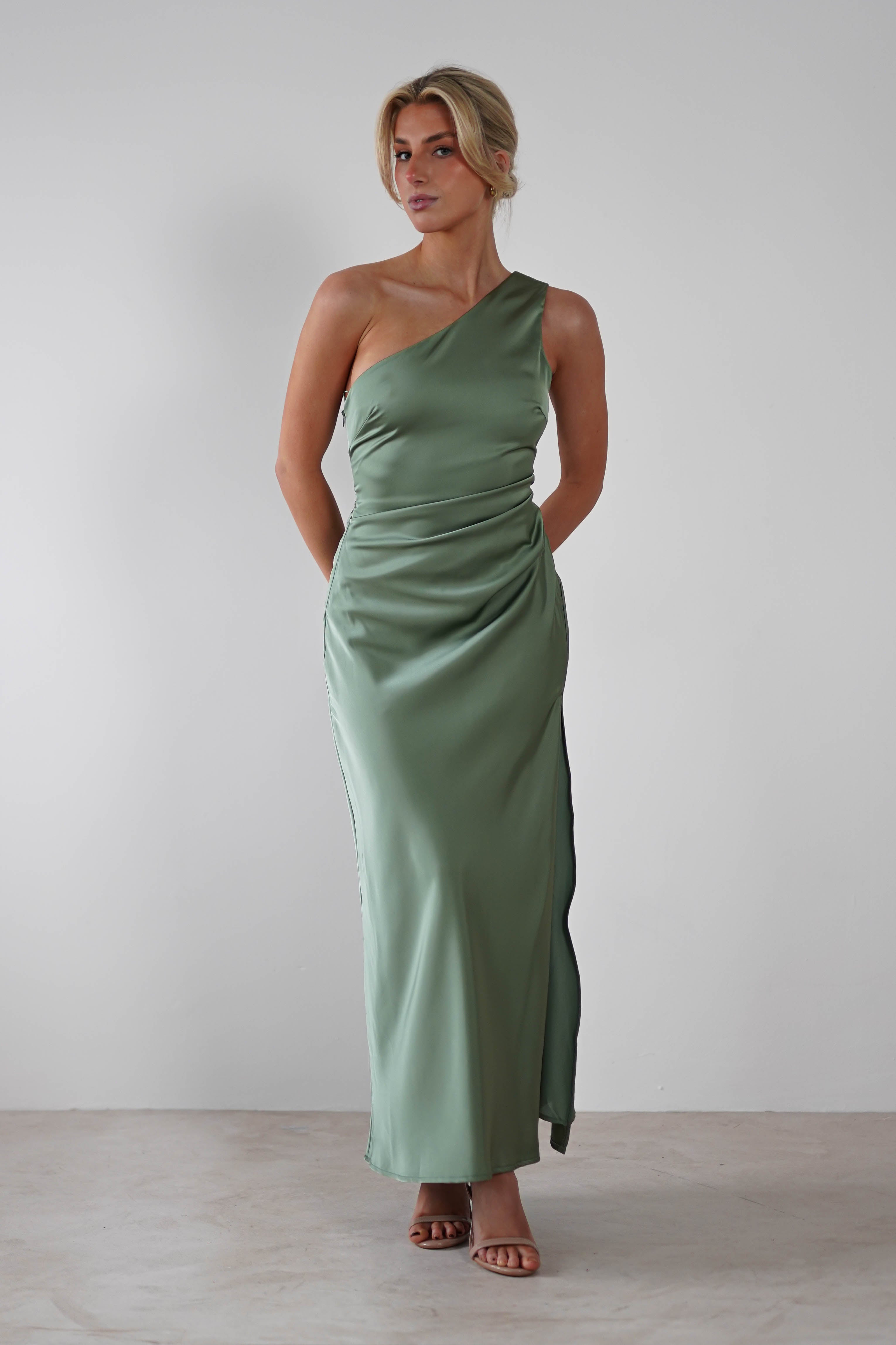 Meera Soft Matte Satin Midaxi Dress Olive | Wedding Guest Dress | Satin | Oh Hello Clothing