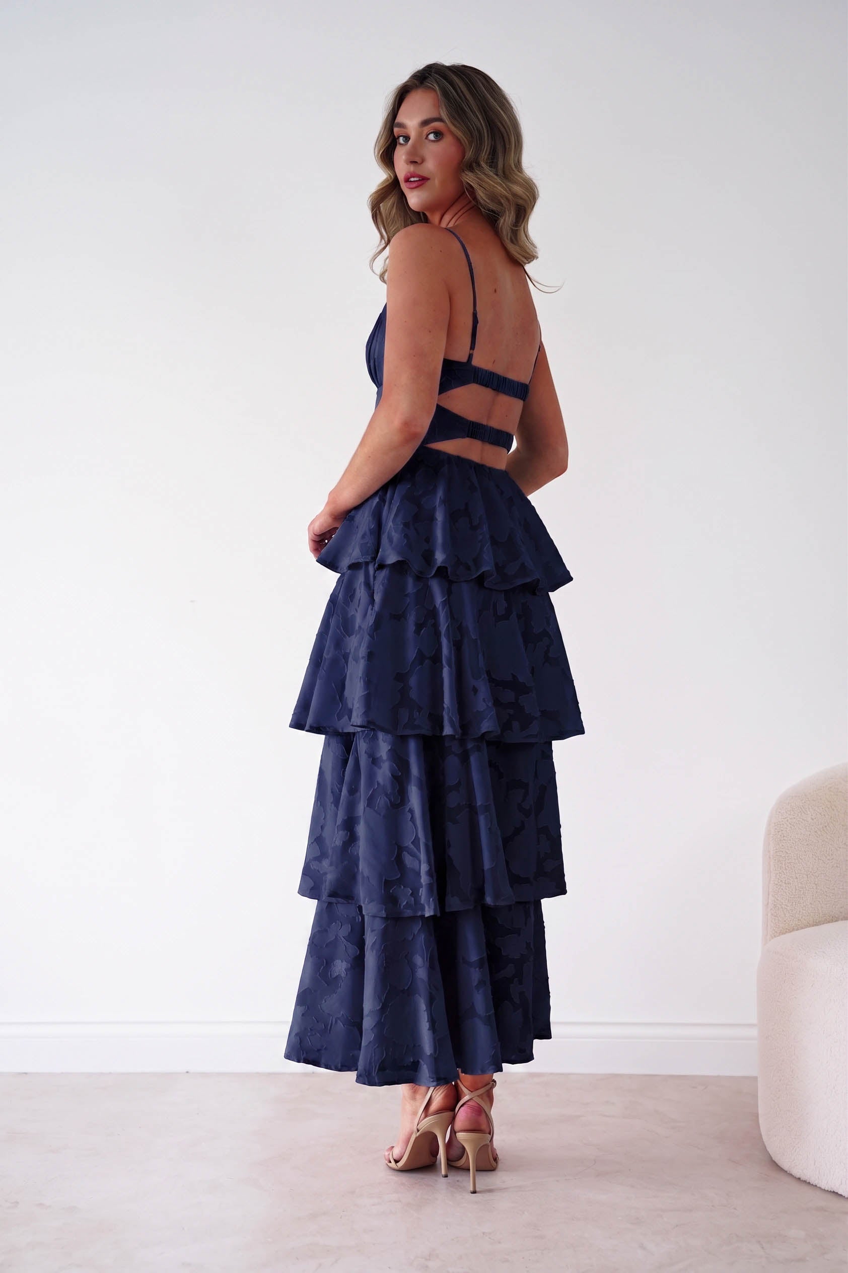 Oh Hello Clothing Women > Clothing > Dresses 1*DONE- Patsy Floral Jacquard Tiered Maxi Dress | NAVY(Copy)