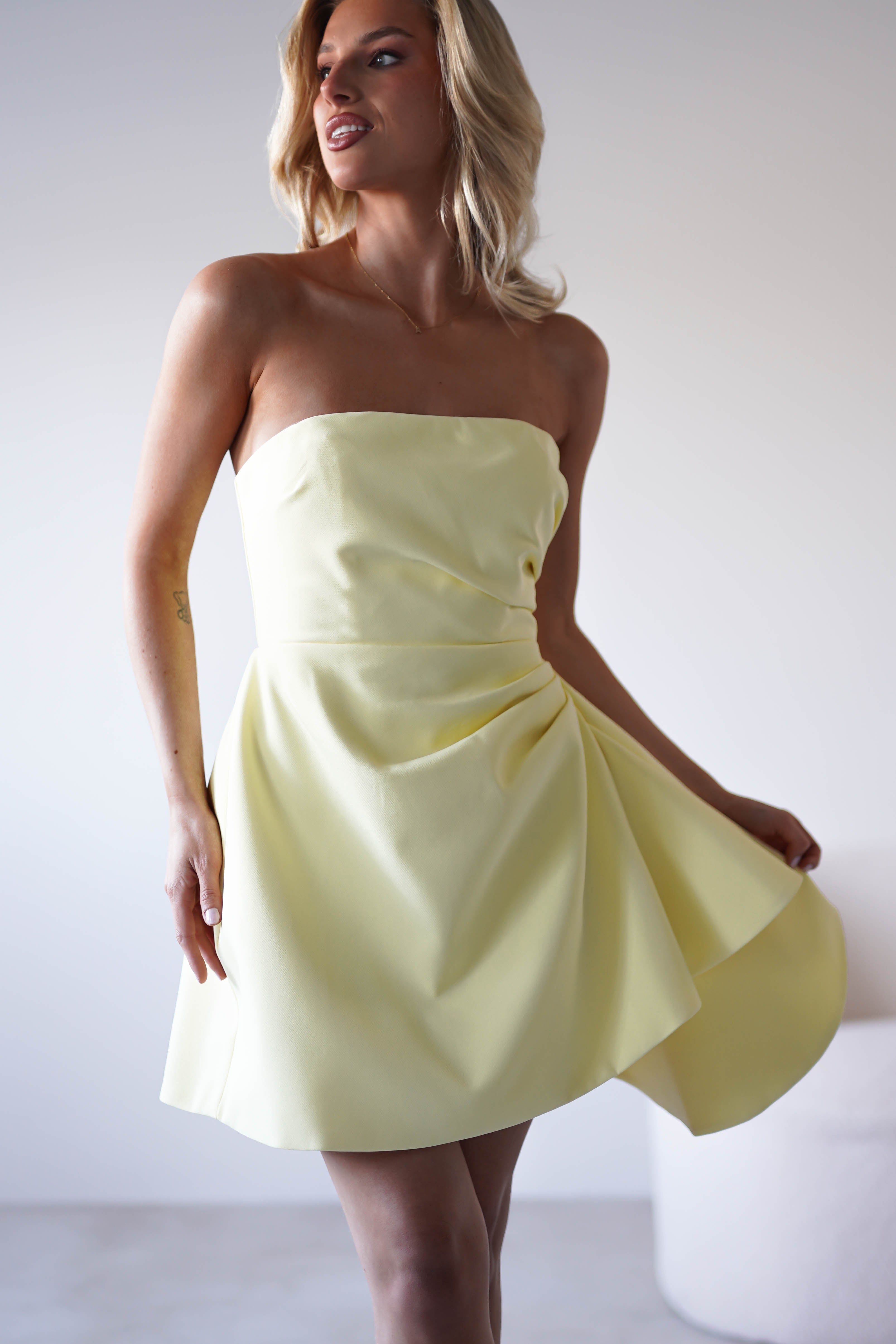 Quinta Strapless Mini Dress Yellow | Wedding Guest Dress | Oh Hello Clothing