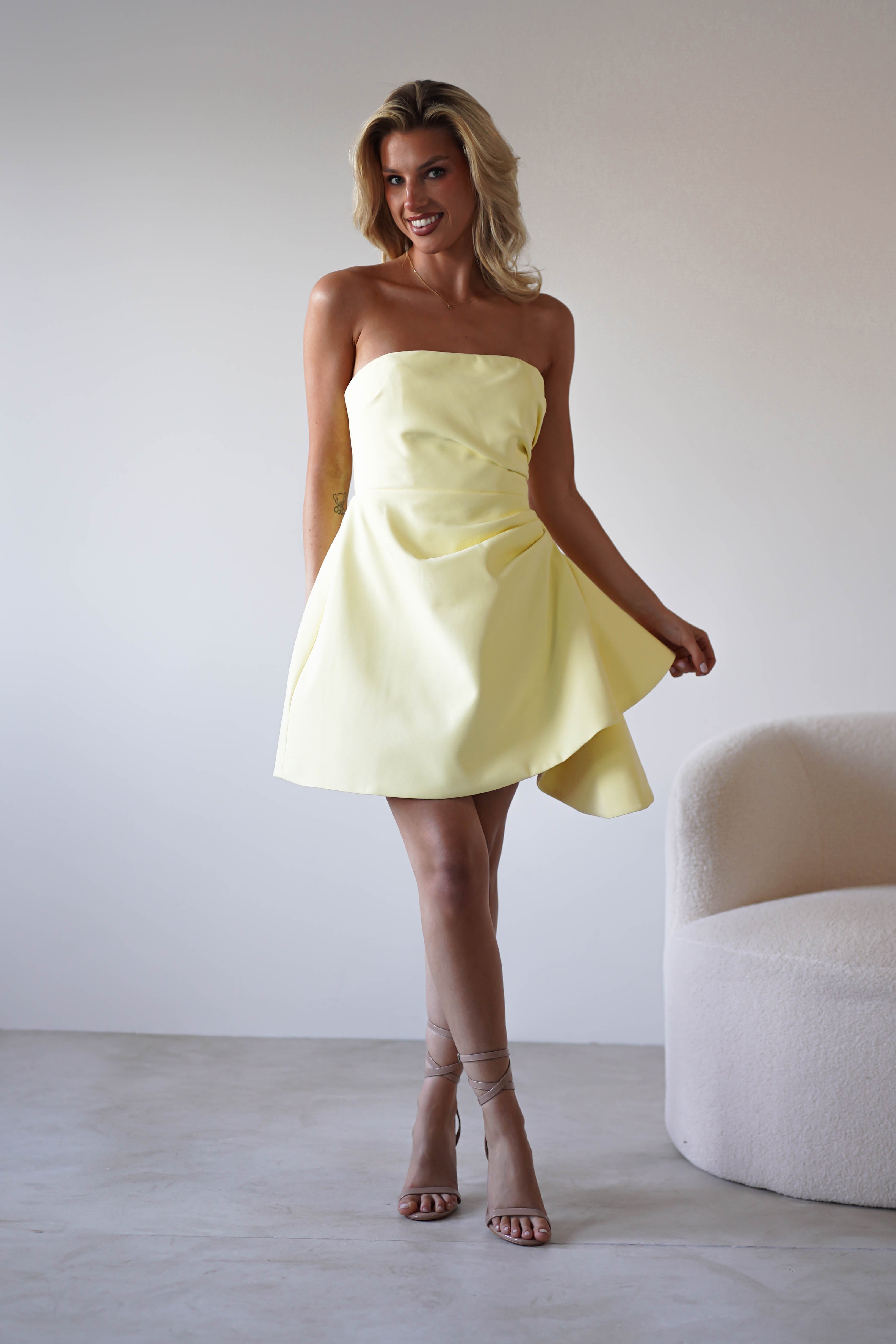Quinta Strapless Mini Dress Yellow | Wedding Guest Dress | Oh Hello Clothing