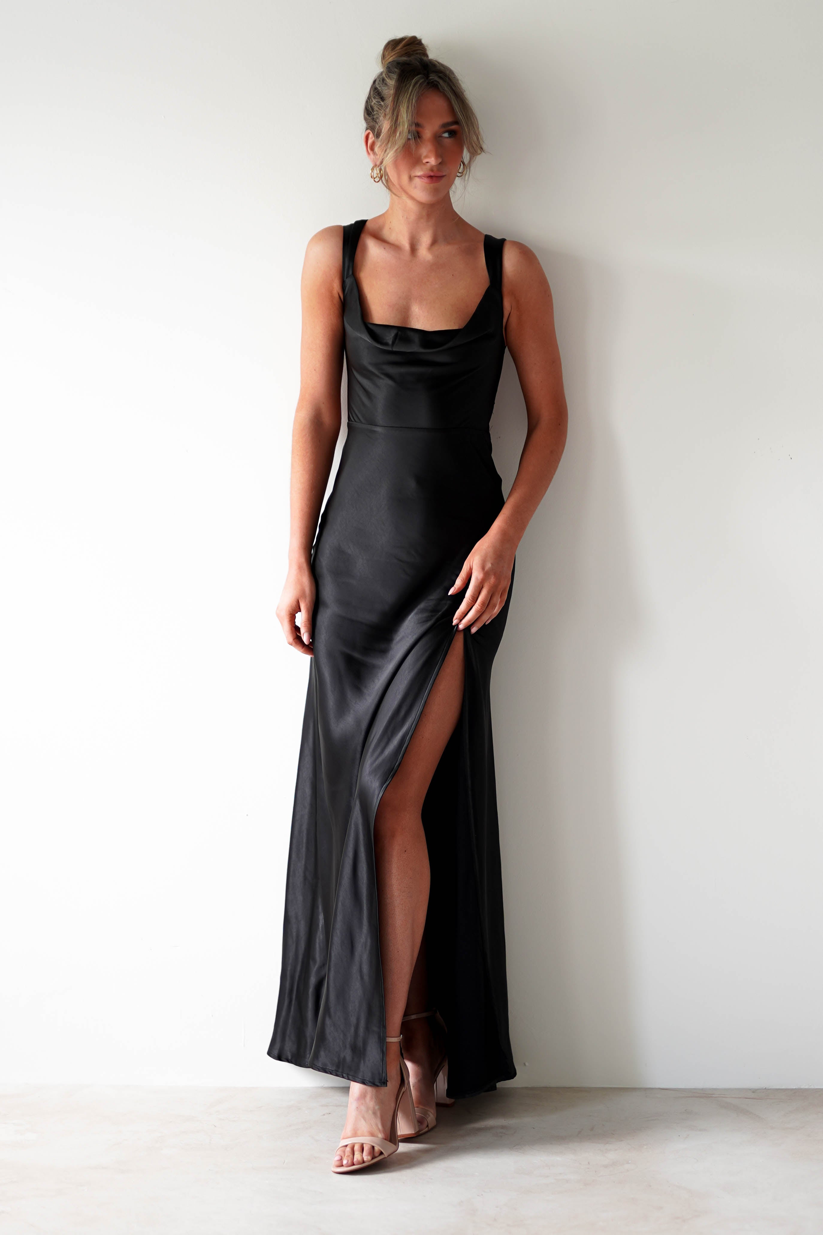 Riviera Soft Satin Maxi Gown | Black | Debs & Prom | Formal Gown | Oh Hello Clothing