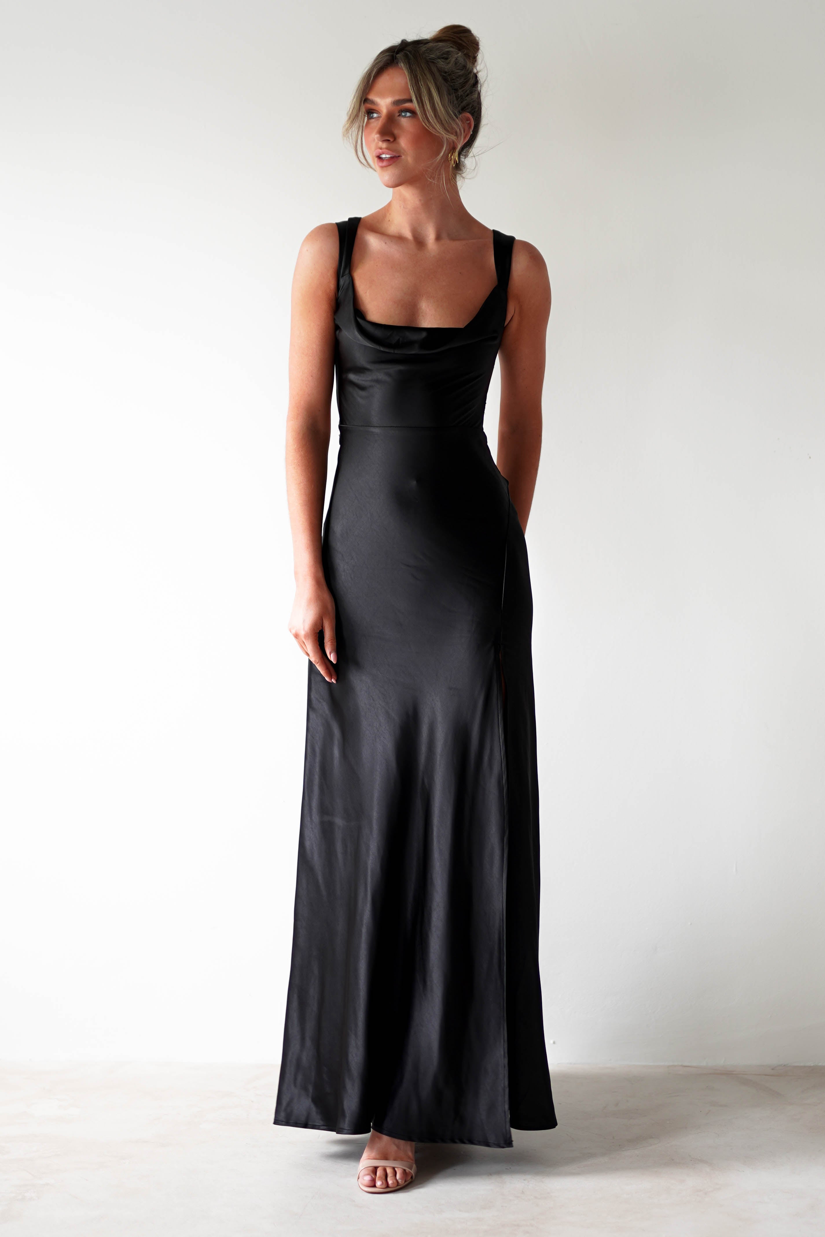 Riviera Soft Satin Maxi Gown | Black | Debs & Prom | Formal Gown | Oh Hello Clothing