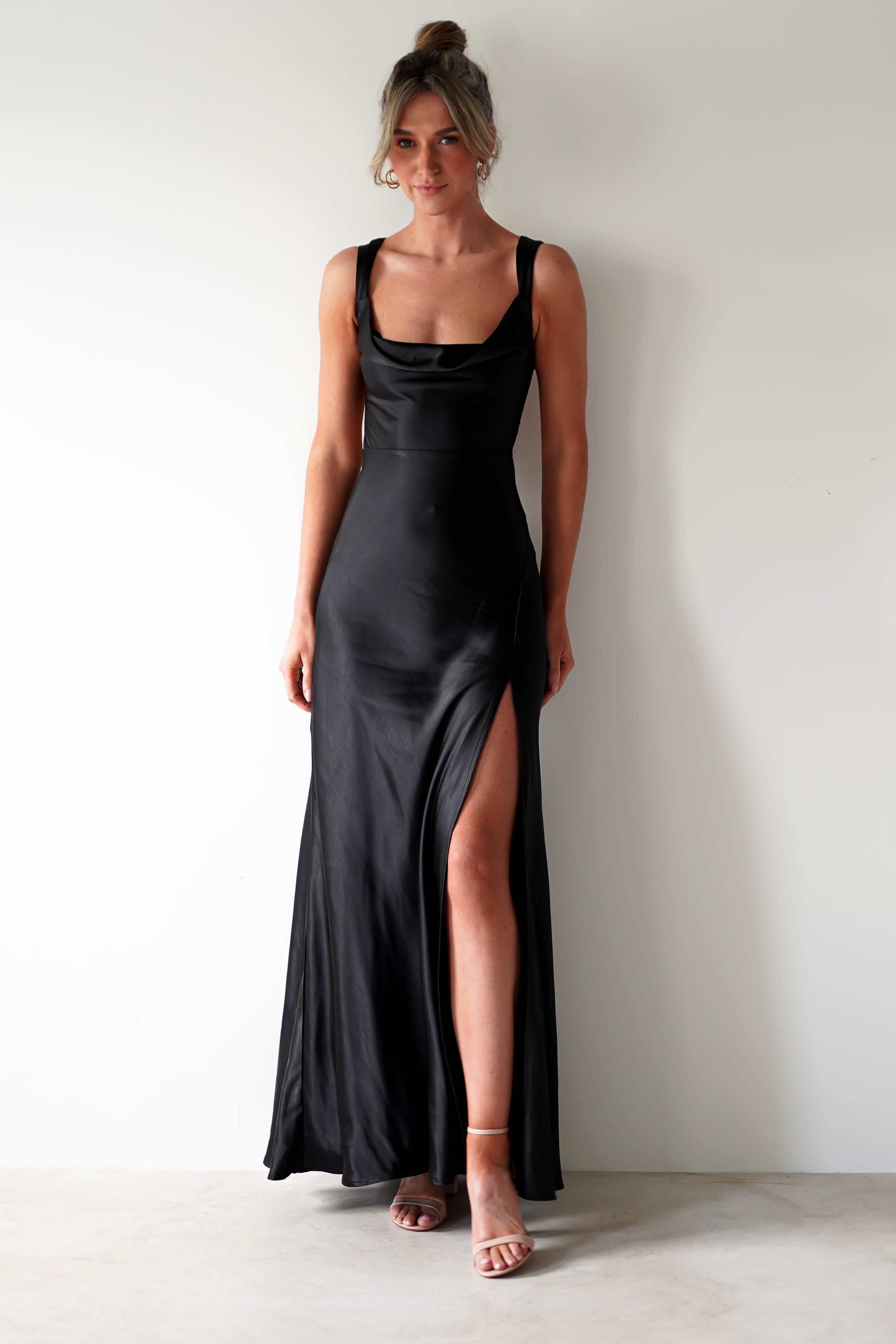 Riviera Soft Satin Maxi Gown | Black | Debs & Prom | Formal Gown | Oh Hello Clothing
