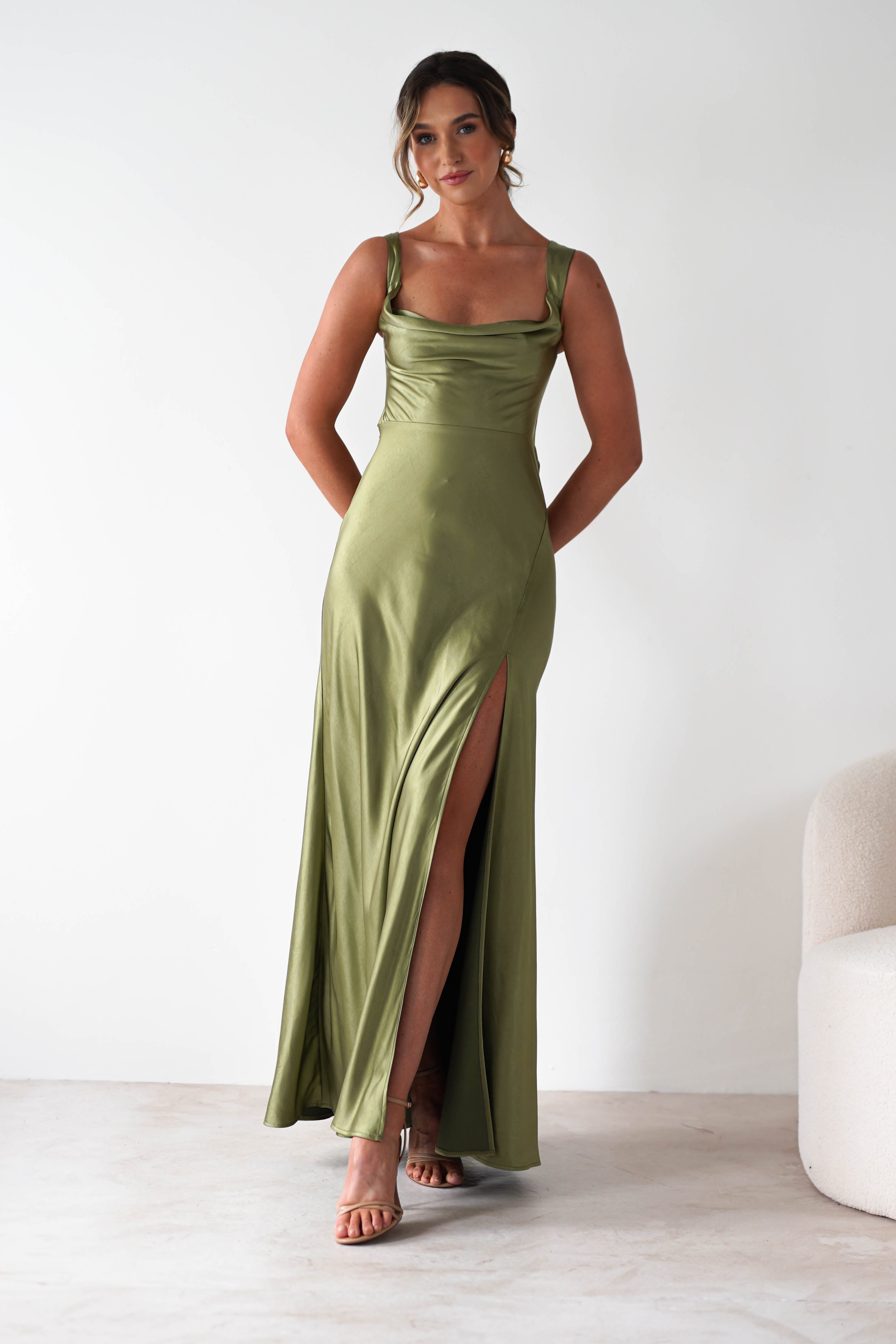 Riviera Soft Satin Maxi Gown | Olive | Debs & Prom | Formal Gown | Oh Hello Clothing