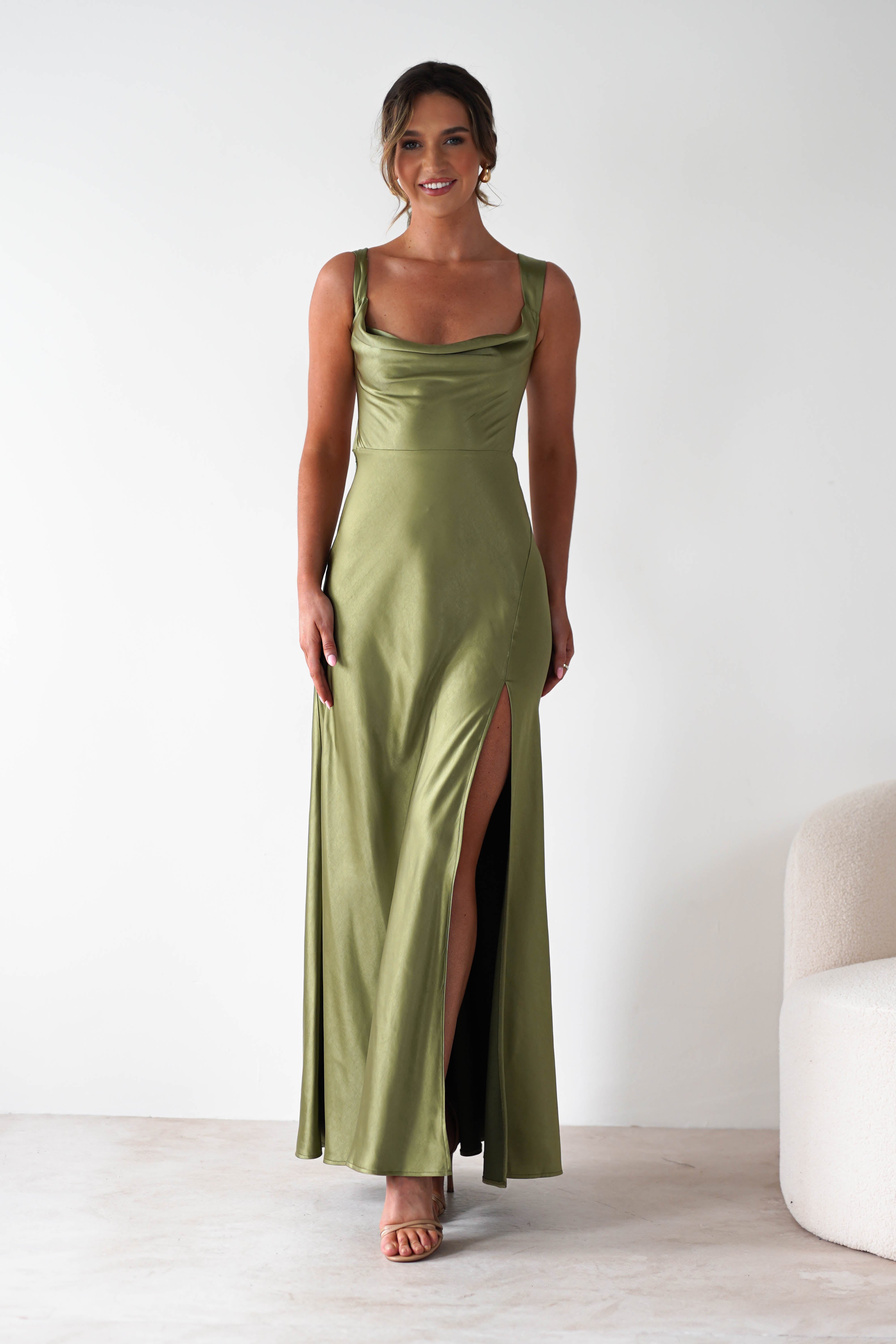 Riviera Soft Satin Maxi Gown | Olive | Debs & Prom | Formal Gown | Oh Hello Clothing