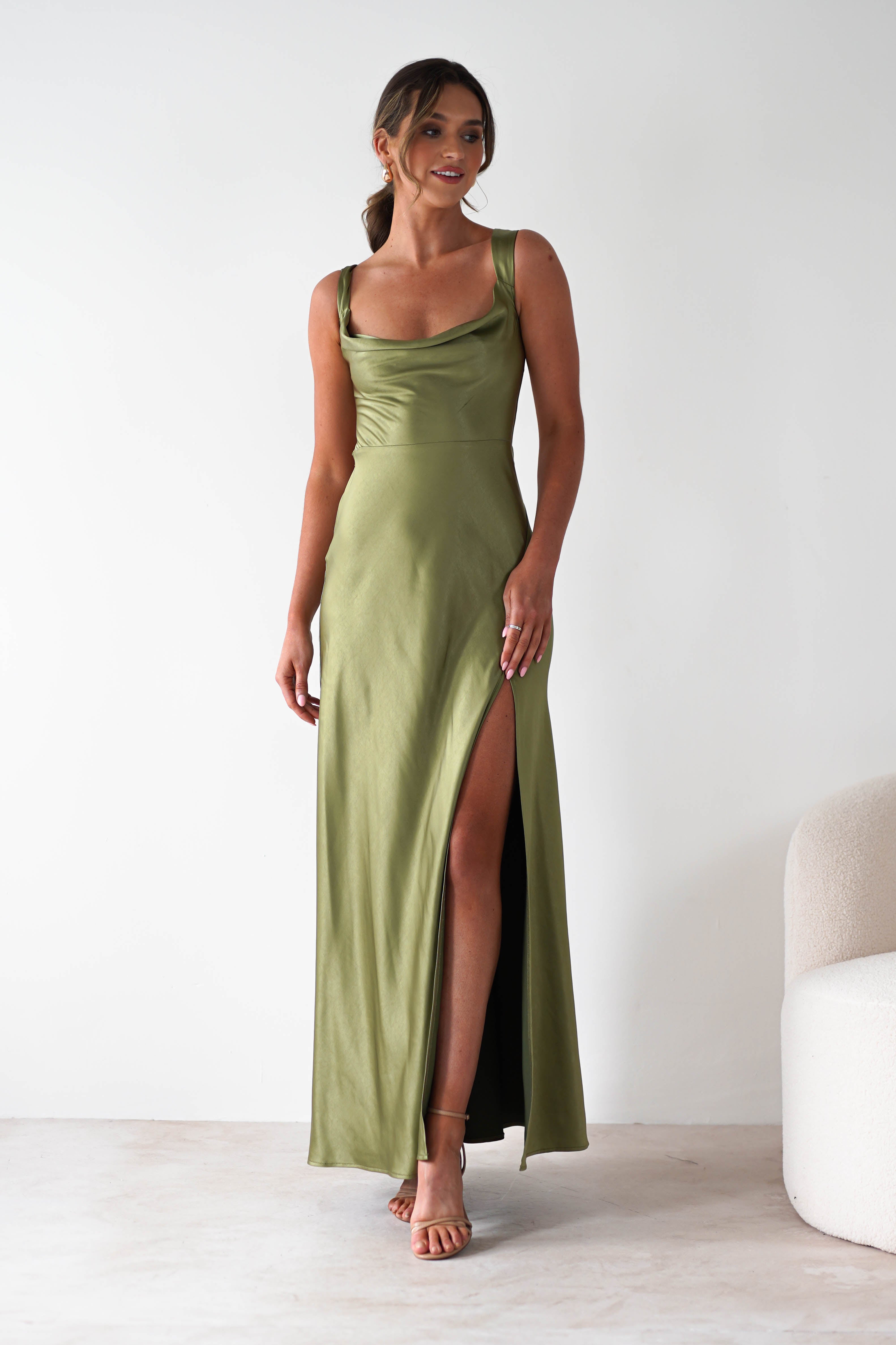 Riviera Soft Satin Maxi Gown | Olive | Debs & Prom | Formal Gown | Oh Hello Clothing