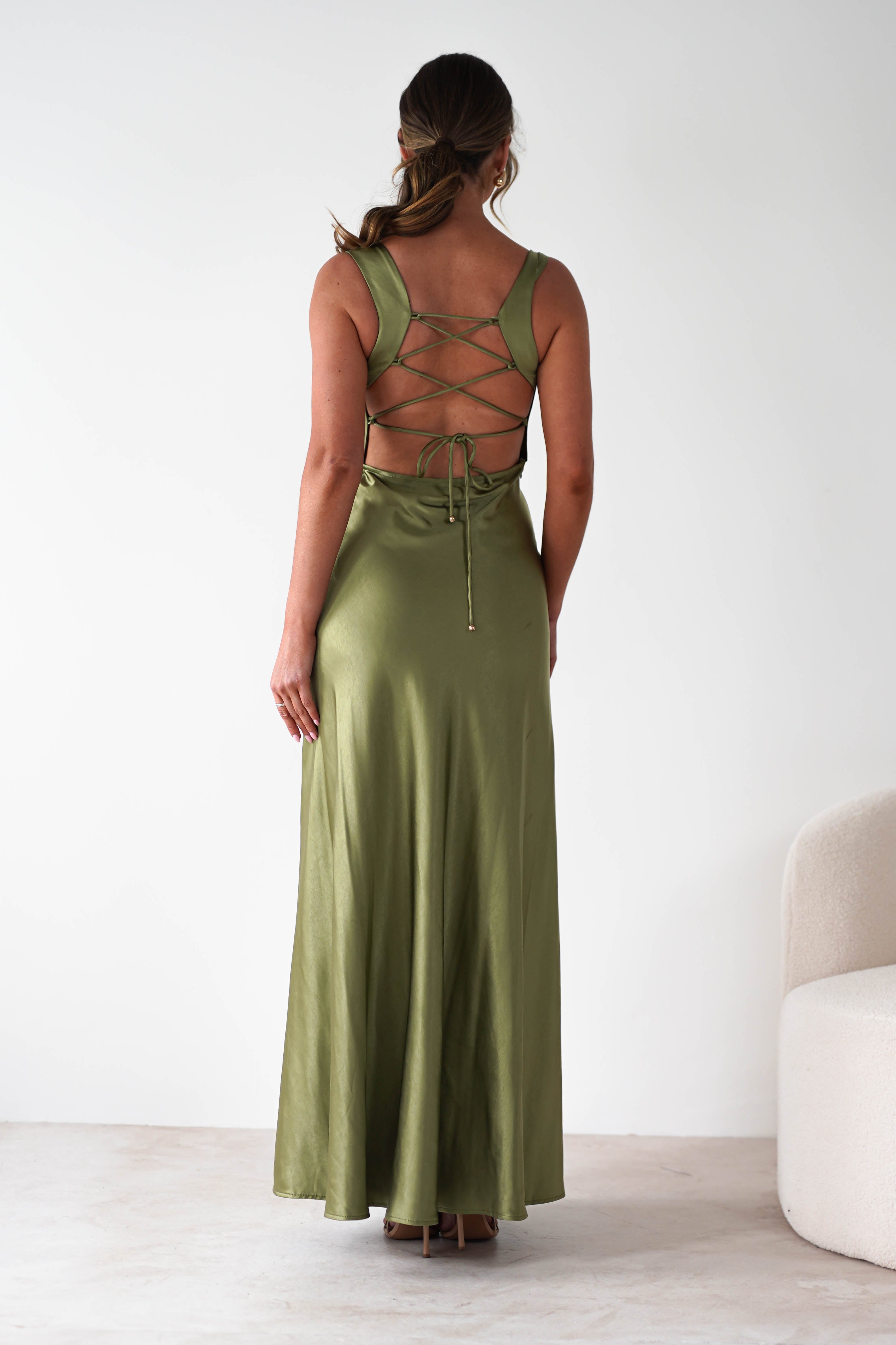 Riviera Soft Satin Maxi Gown | Olive | Debs & Prom | Formal Gown | Oh Hello Clothing