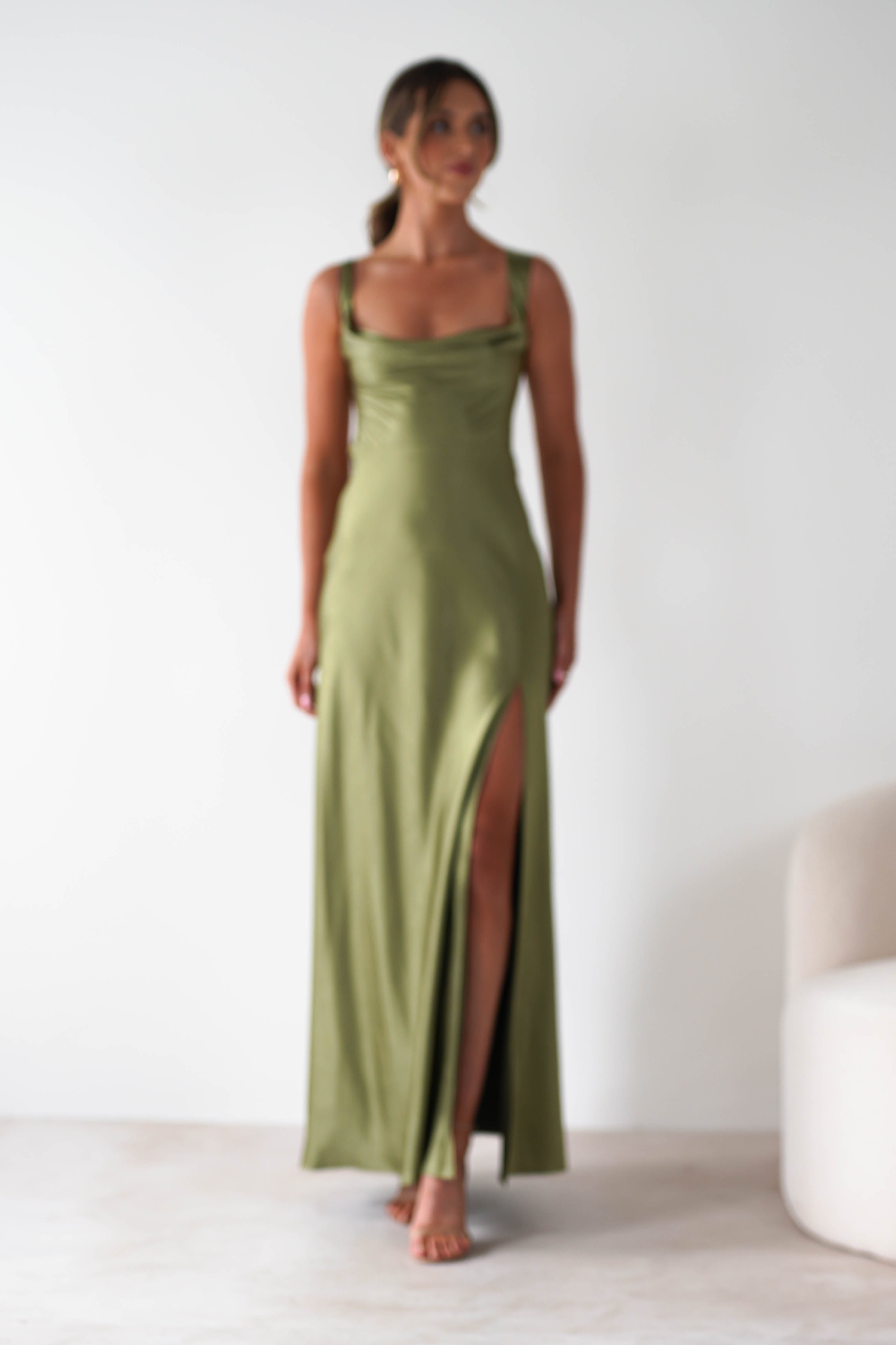 Riviera Soft Satin Maxi Gown | Olive | Debs & Prom | Formal Gown | Oh Hello Clothing