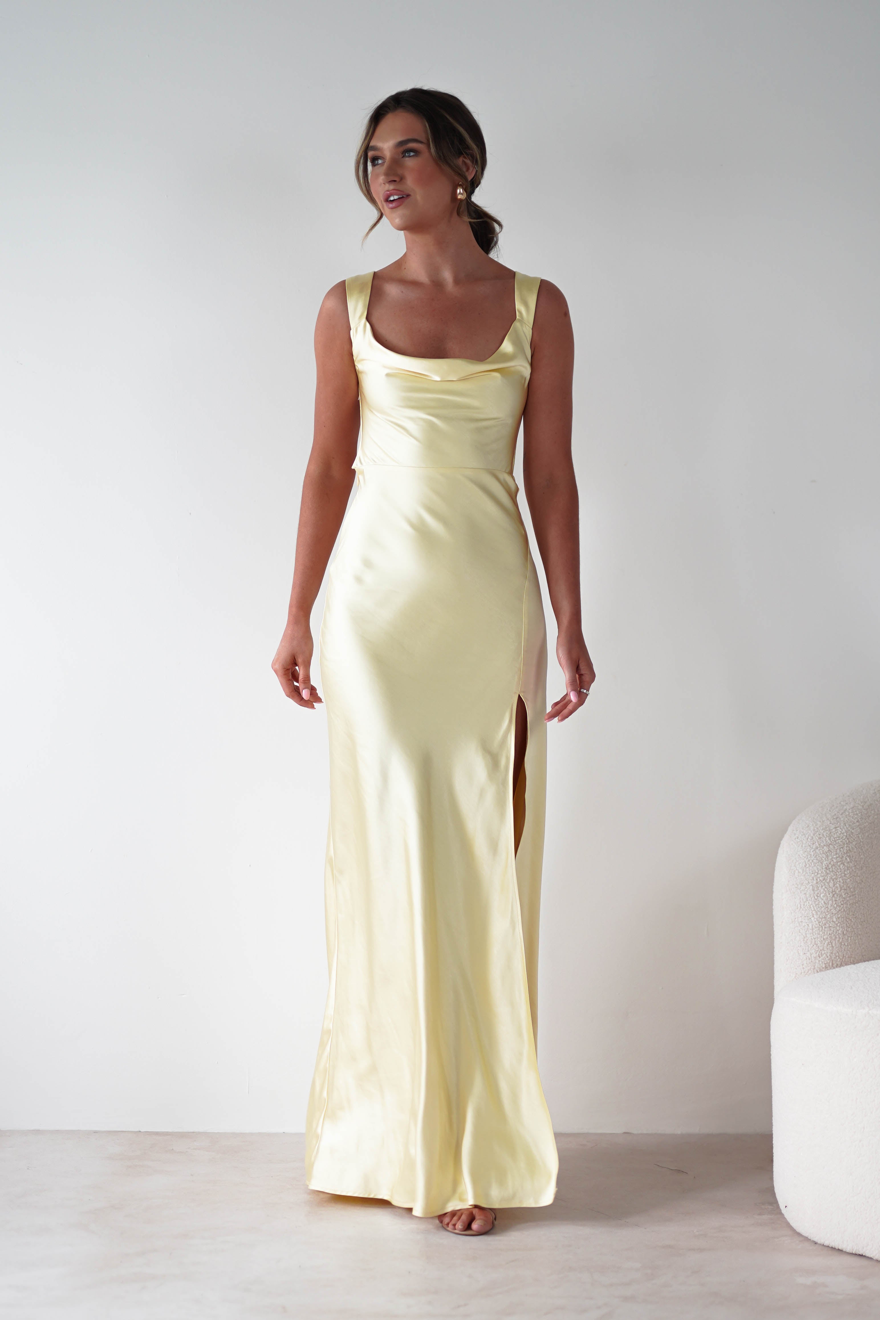 Riviera Soft Satin Maxi Gown | Yellow | Debs & Prom | Formal Gown | Oh Hello Clothing