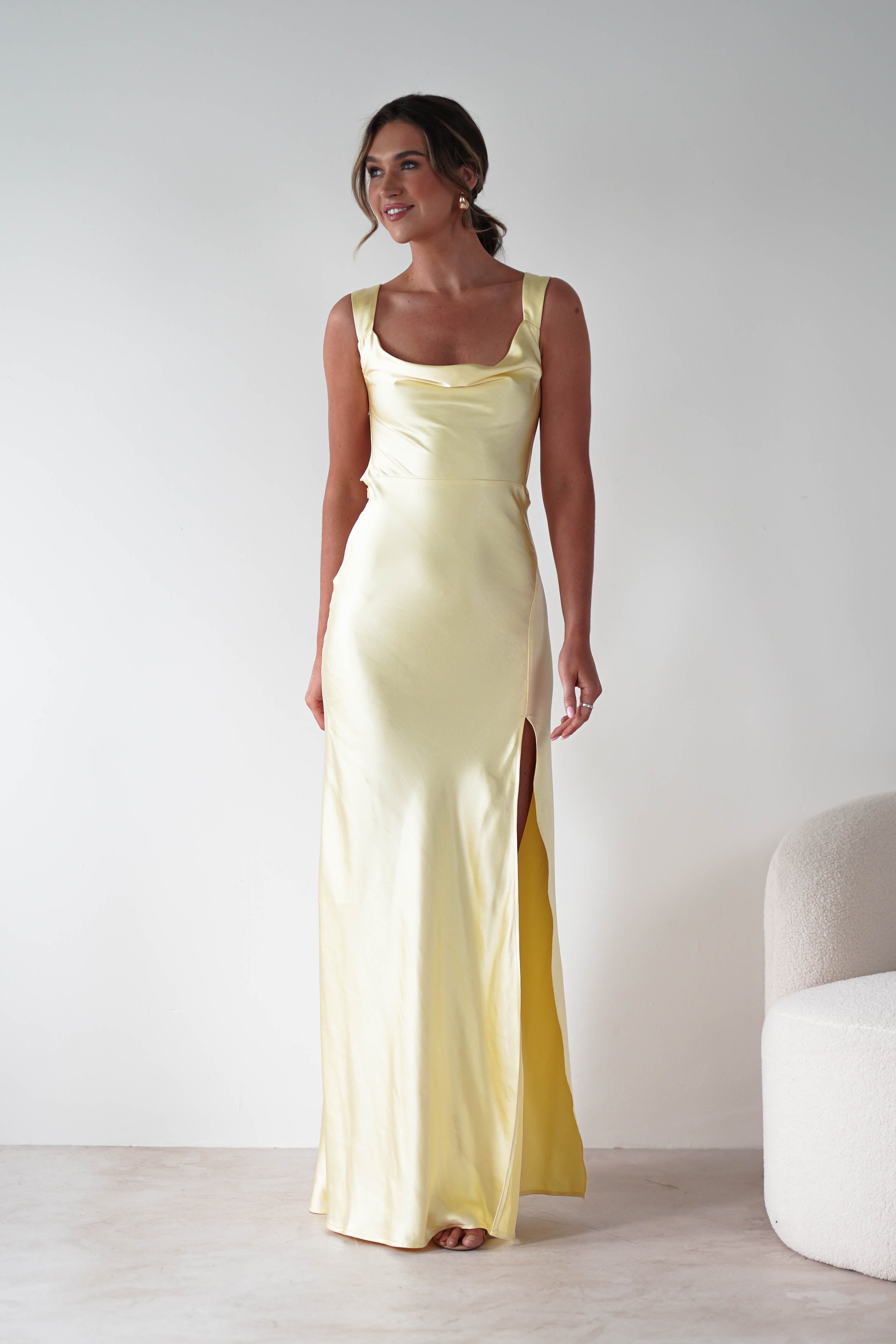 Riviera Soft Satin Maxi Gown | Yellow | Debs & Prom | Formal Gown | Oh Hello Clothing