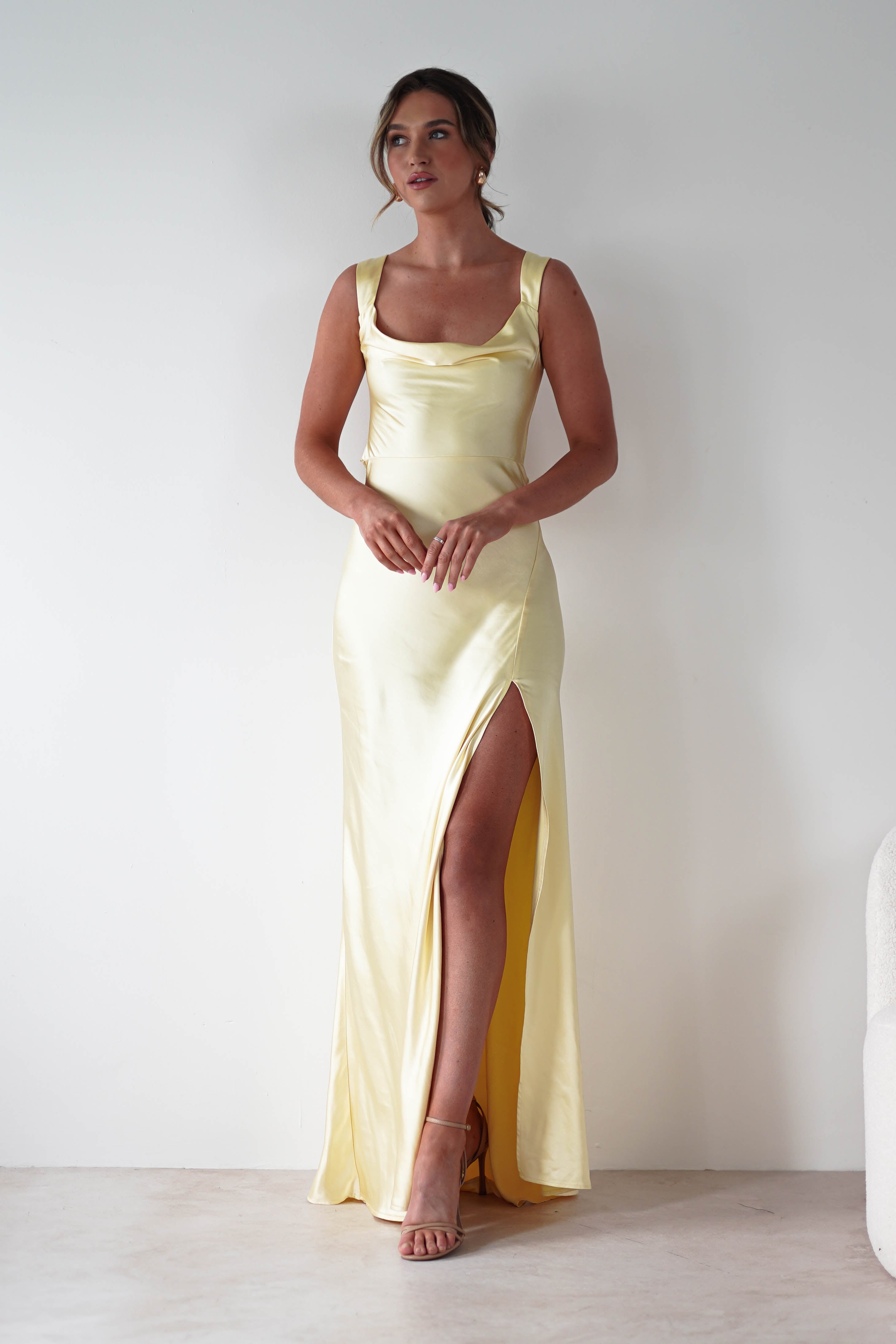 Riviera Soft Satin Maxi Gown | Yellow | Debs & Prom | Formal Gown | Oh Hello Clothing