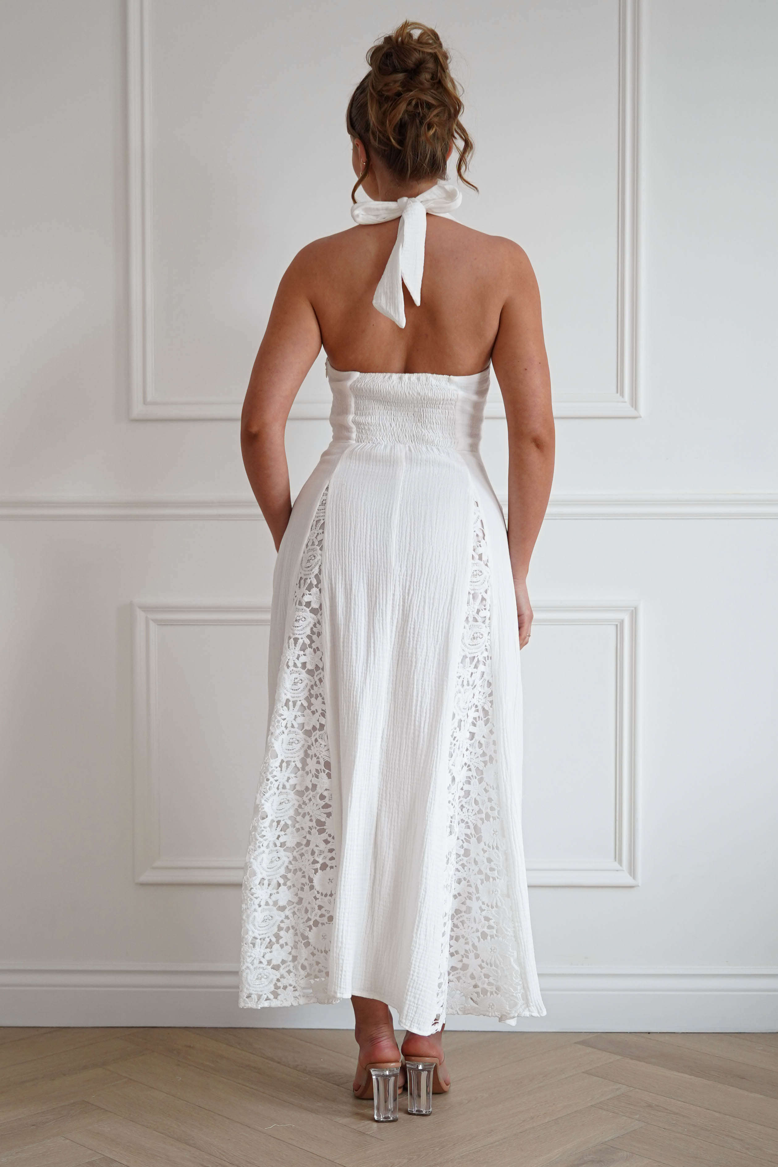 Oh Hello Clothing Dresses > Prom Dresses 1*DONE-RT0035D-INDIKAH-White Lace Trim Tie-Back Midi Dress