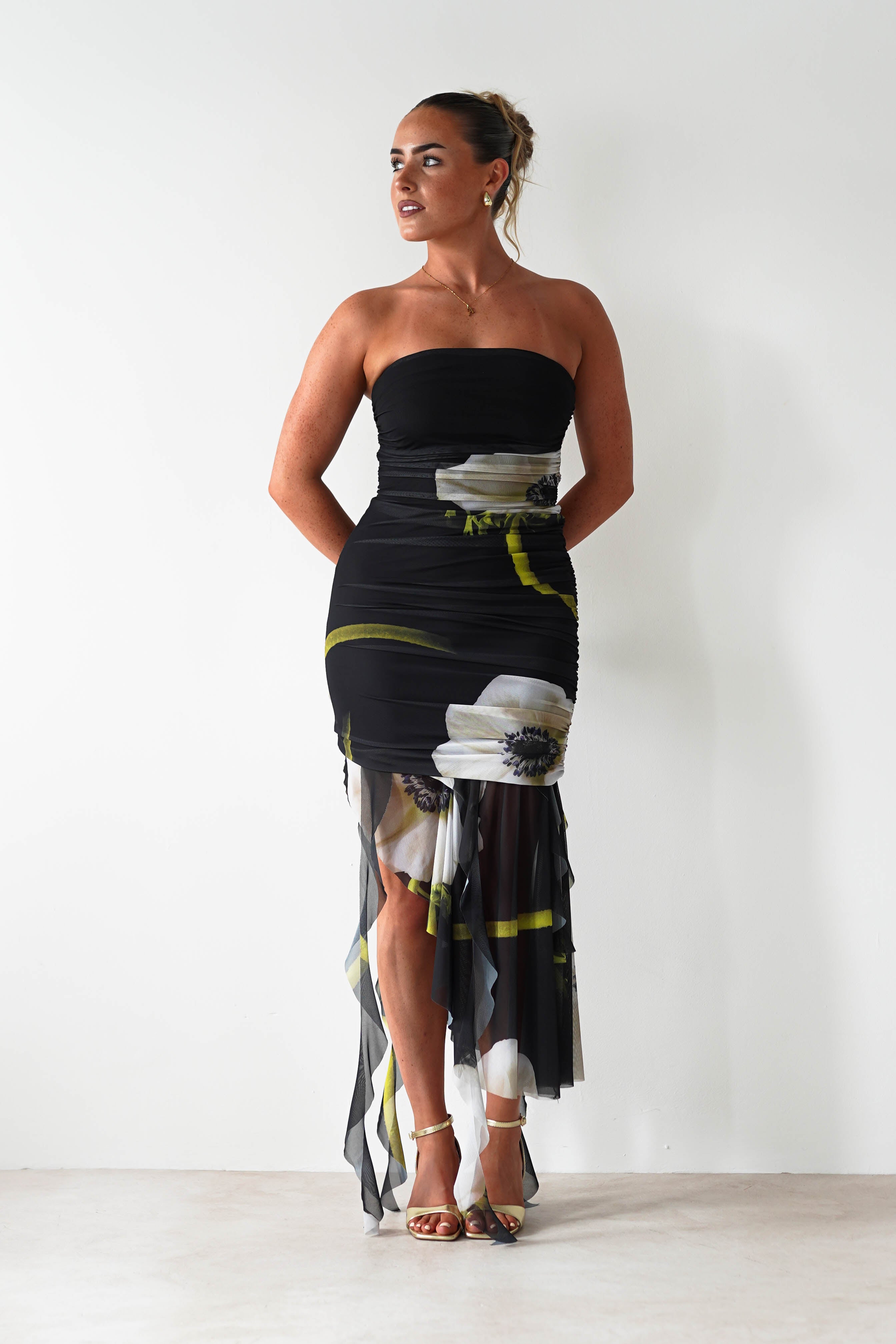 Kristie Strapless Mesh Midi Dress Black | Wedding Guest Dress | Midi | Mesh | Oh Hello Clothing