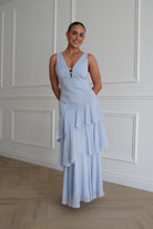 Oh Hello Clothing Dresses > Prom Dresses 1*DONE-SAMPLE DRES-JY26017- Powder Blue Tiered Maxi Dress with bead detail