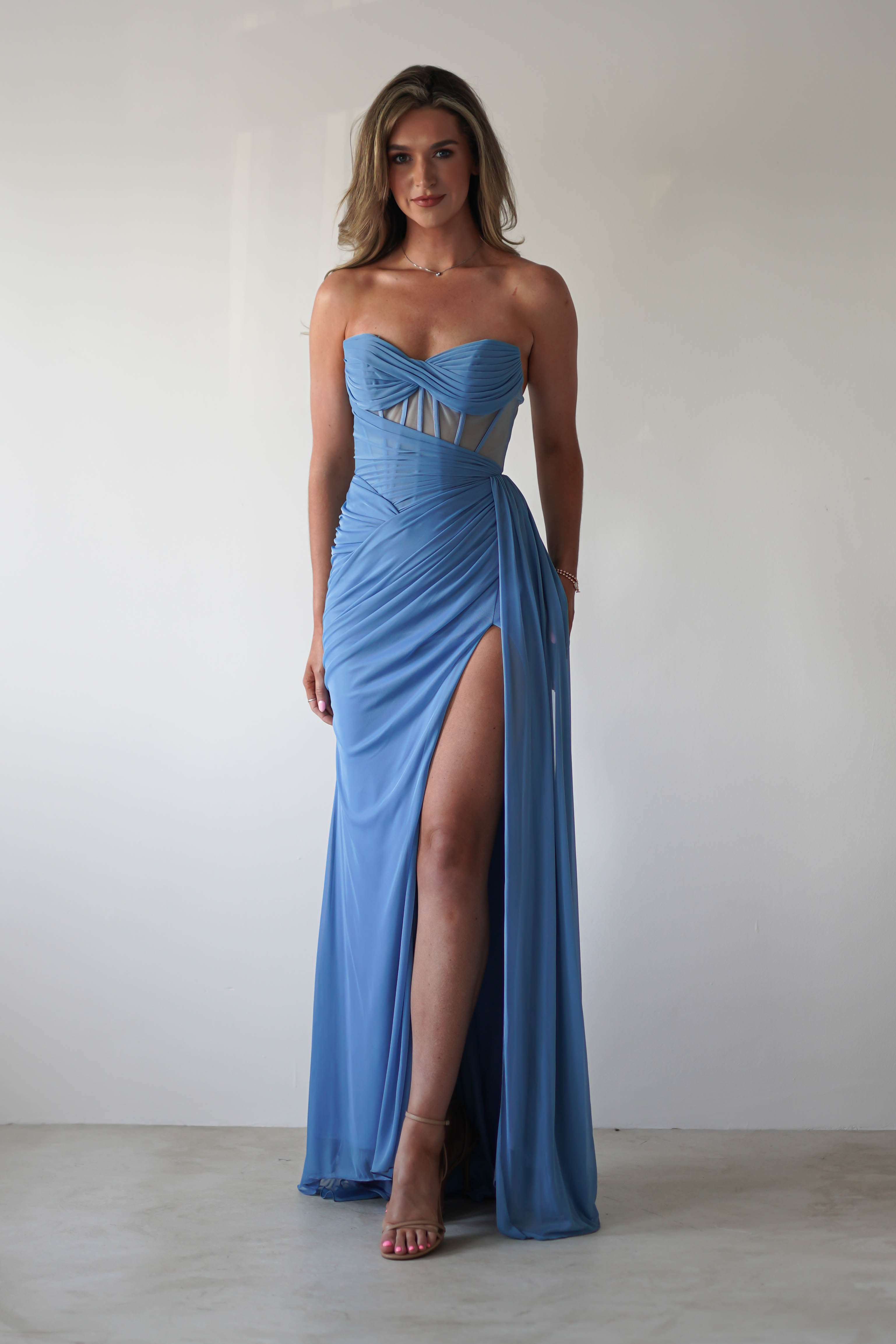 Robyn Draped Fitted Stapless Gown | Blue | Debs & Prom | Formal Gown | Oh Hello Clothing
