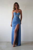Robyn Draped Fitted Stapless Gown | Blue | Debs & Prom | Formal Gown | Oh Hello Clothing
