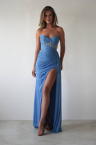 Robyn Draped Fitted Stapless Gown | Blue | Debs & Prom | Formal Gown | Oh Hello Clothing