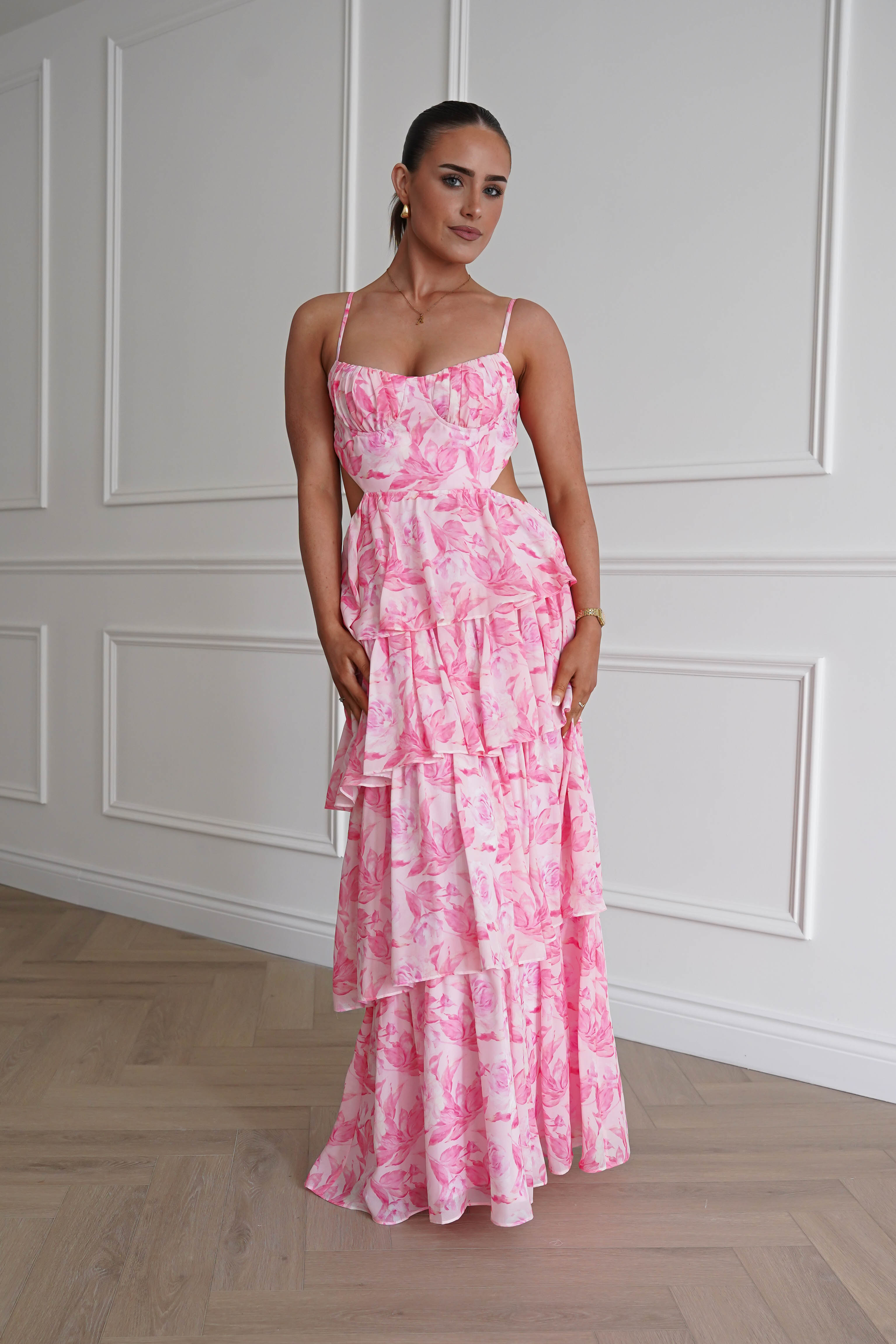 Oh Hello Clothing Women > Clothing > Dresses 1* DONE - SAMPLE- SAME STYLE AS Elouise Floral Tiered Maxi Dress PINK