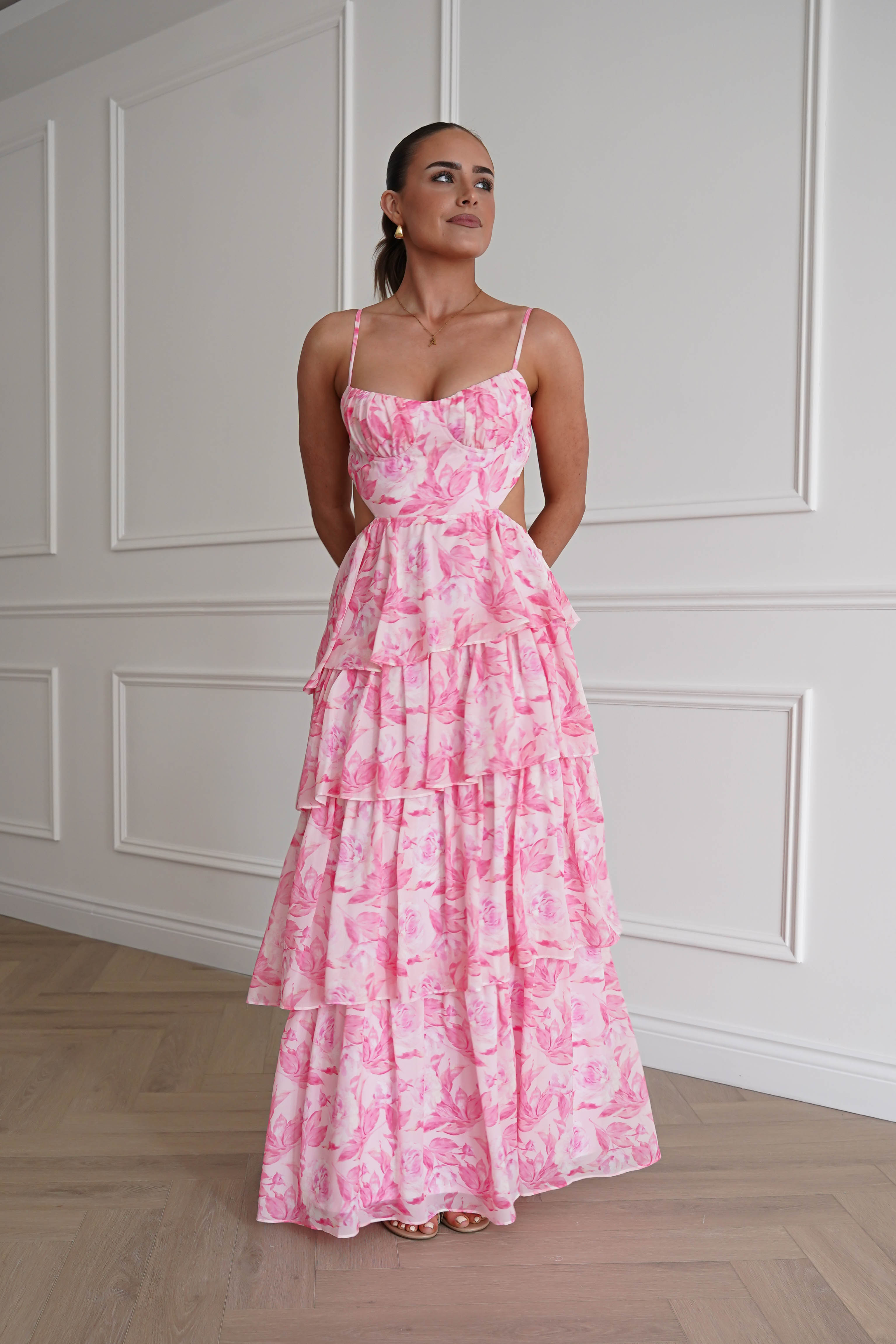 Oh Hello Clothing Women > Clothing > Dresses 1* DONE - SAMPLE- SAME STYLE AS Elouise Floral Tiered Maxi Dress PINK