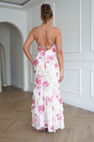 Oh Hello Clothing Dresses > Prom Dresses 1*DONE-SASHA-64930D01- WHITE/ Pink Floral Ruffle Hem Midi Dress