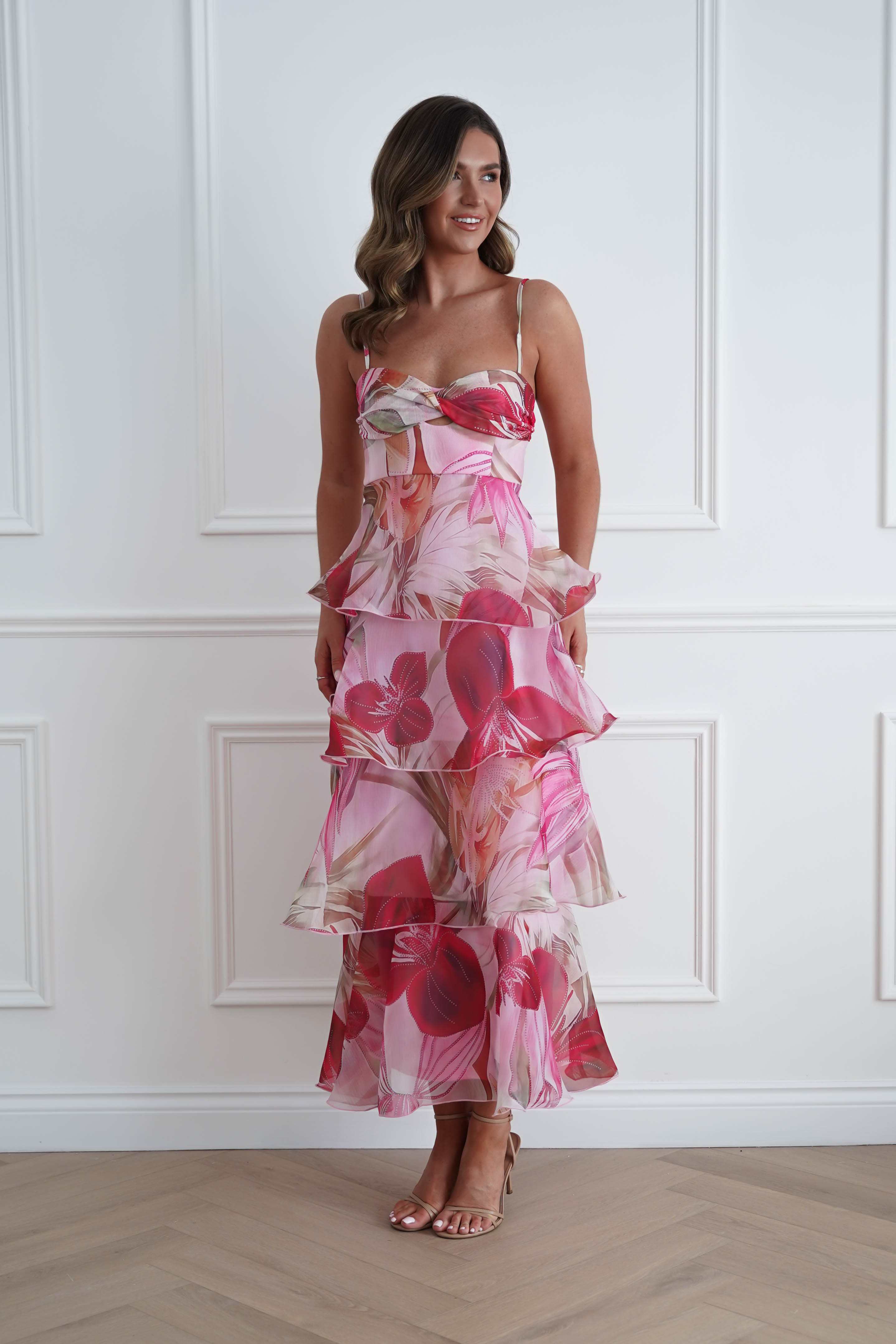 Oh Hello Clothing Women > Clothing > Dresses 1*DONE*SASHA- 64994W01- Pink Floral Tiered Ruffle Maxi Dress