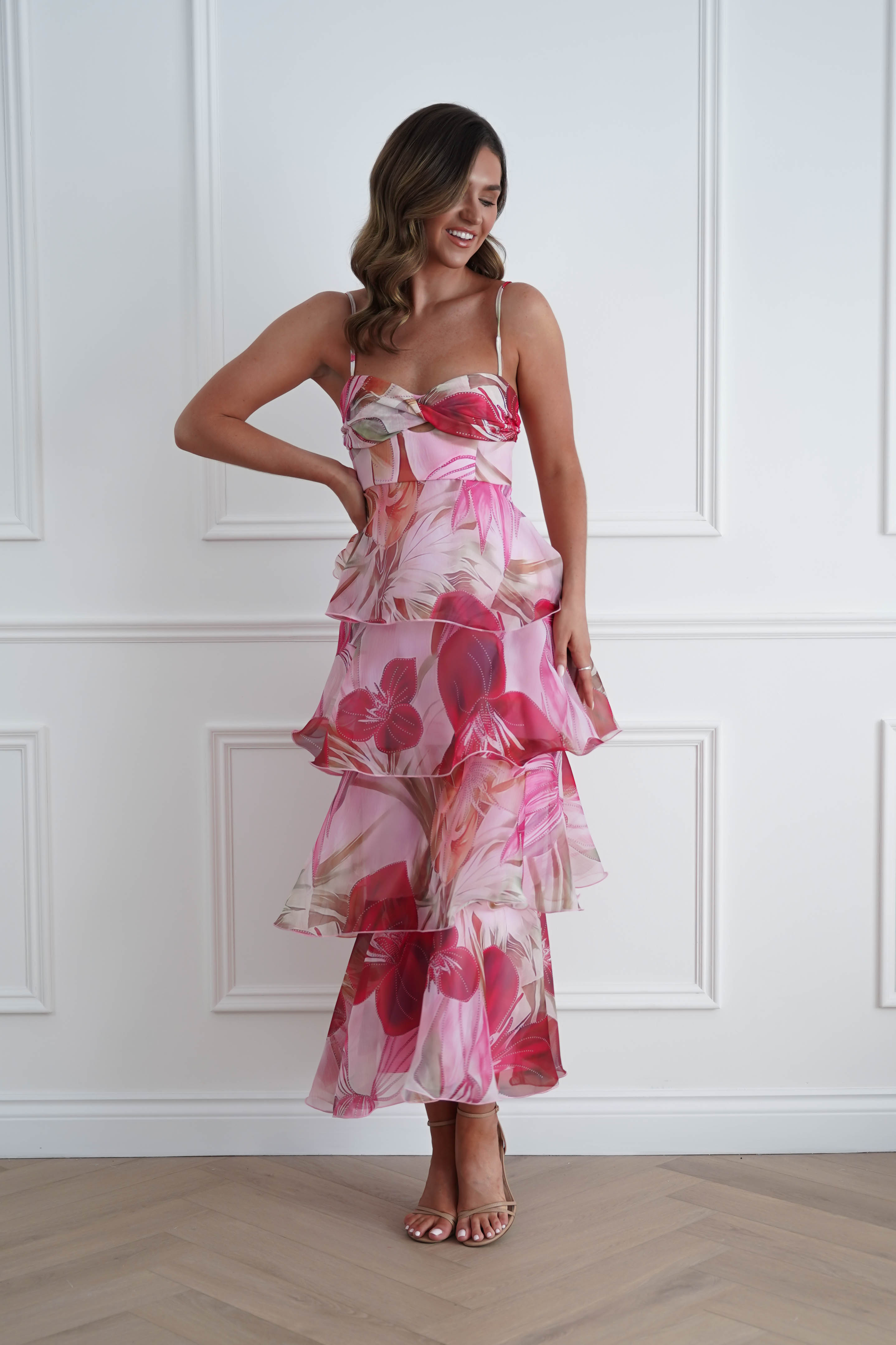 Oh Hello Clothing Women > Clothing > Dresses 1*DONE*SASHA- 64994W01- Pink Floral Tiered Ruffle Maxi Dress