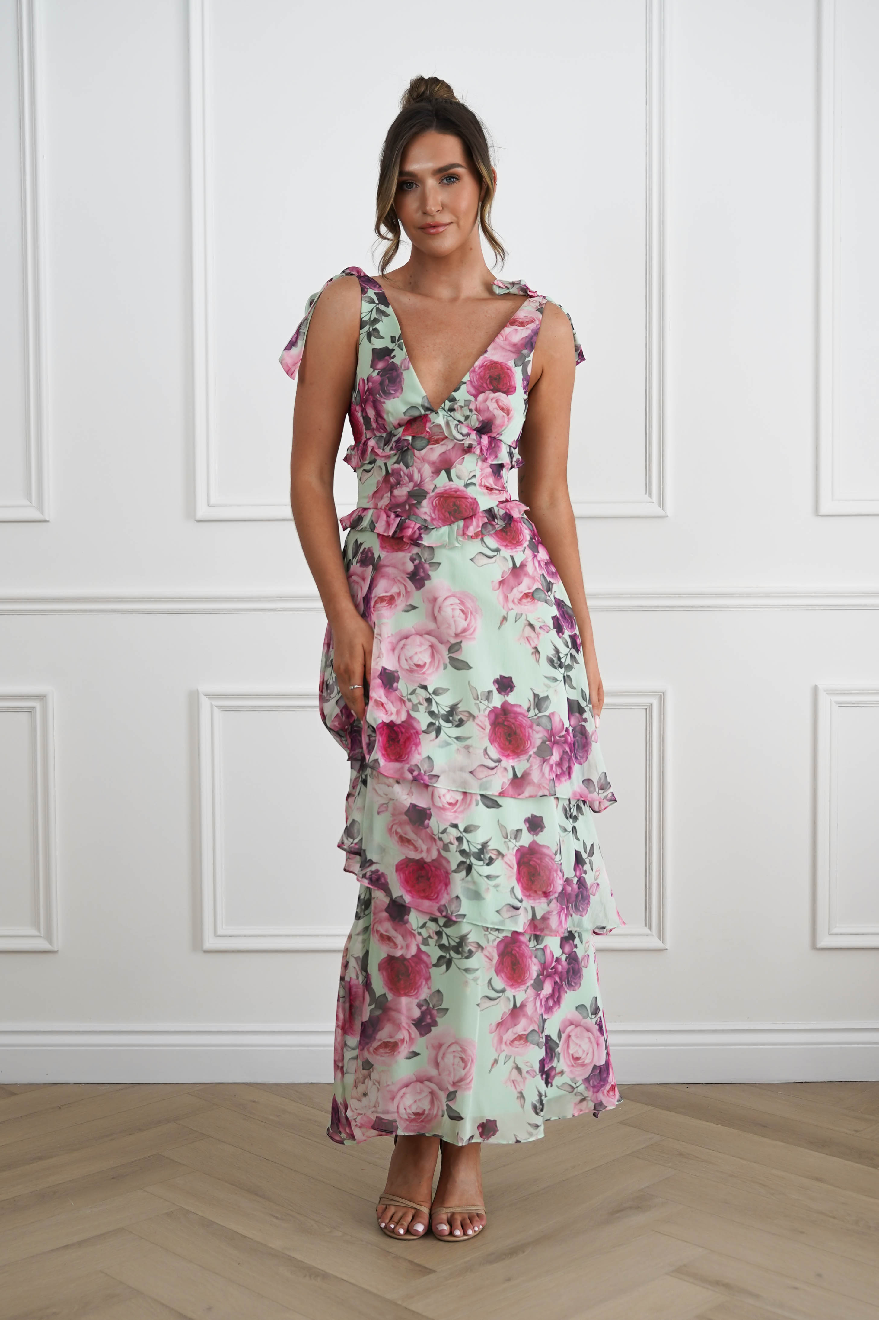 Oh Hello Clothing Women > Clothing > Dresses 1*DONE -SASHA-65023J01-SAGE AND FLORAL ROSE Print Tiered Maxi Dress