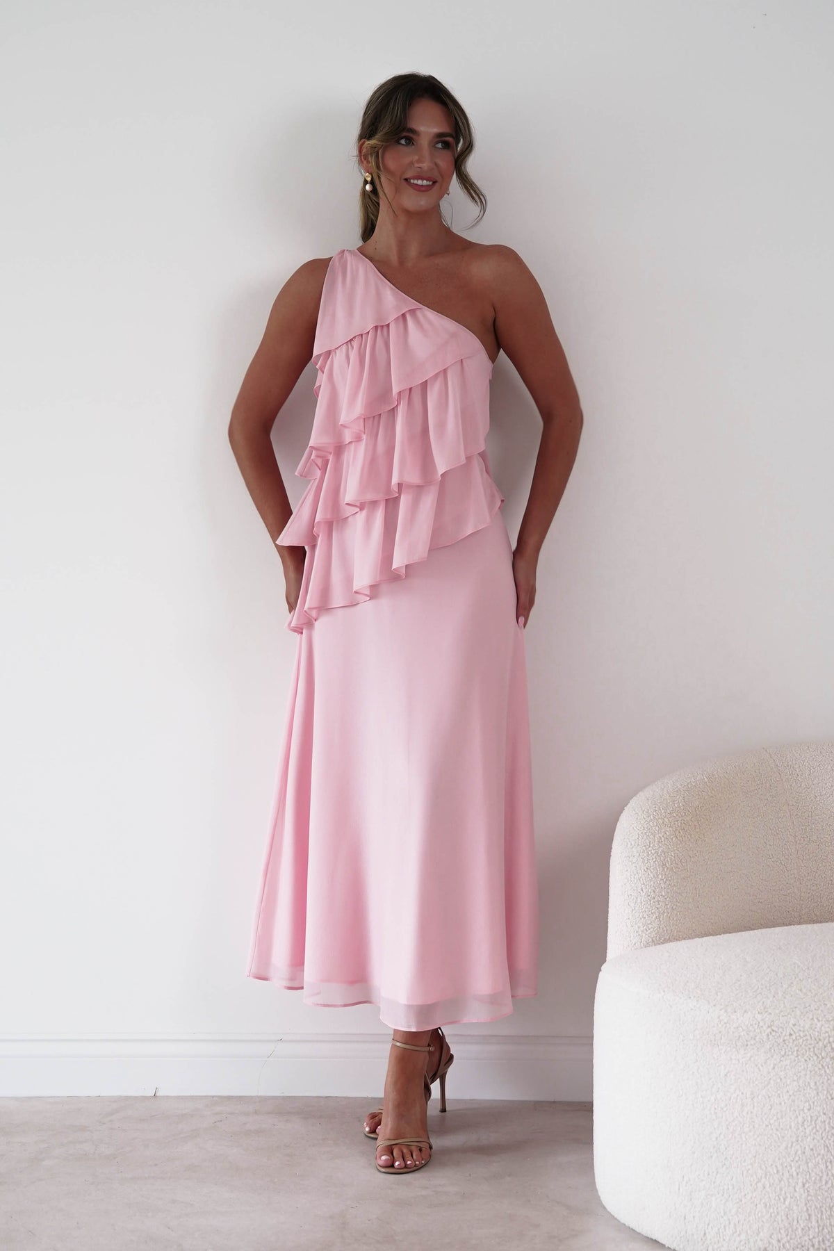 Oh Hello Clothing Women > Clothing > Dresses 1*DONE*SASHA-A65183D-Pink Asymmetric Ruffle Maxi Dress