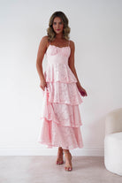 Oh Hello Clothing Women > Clothing > Dresses 1*DONE-SHAREEN COLLECTION-Blush Floral Jacquard Tiered Midi Dress