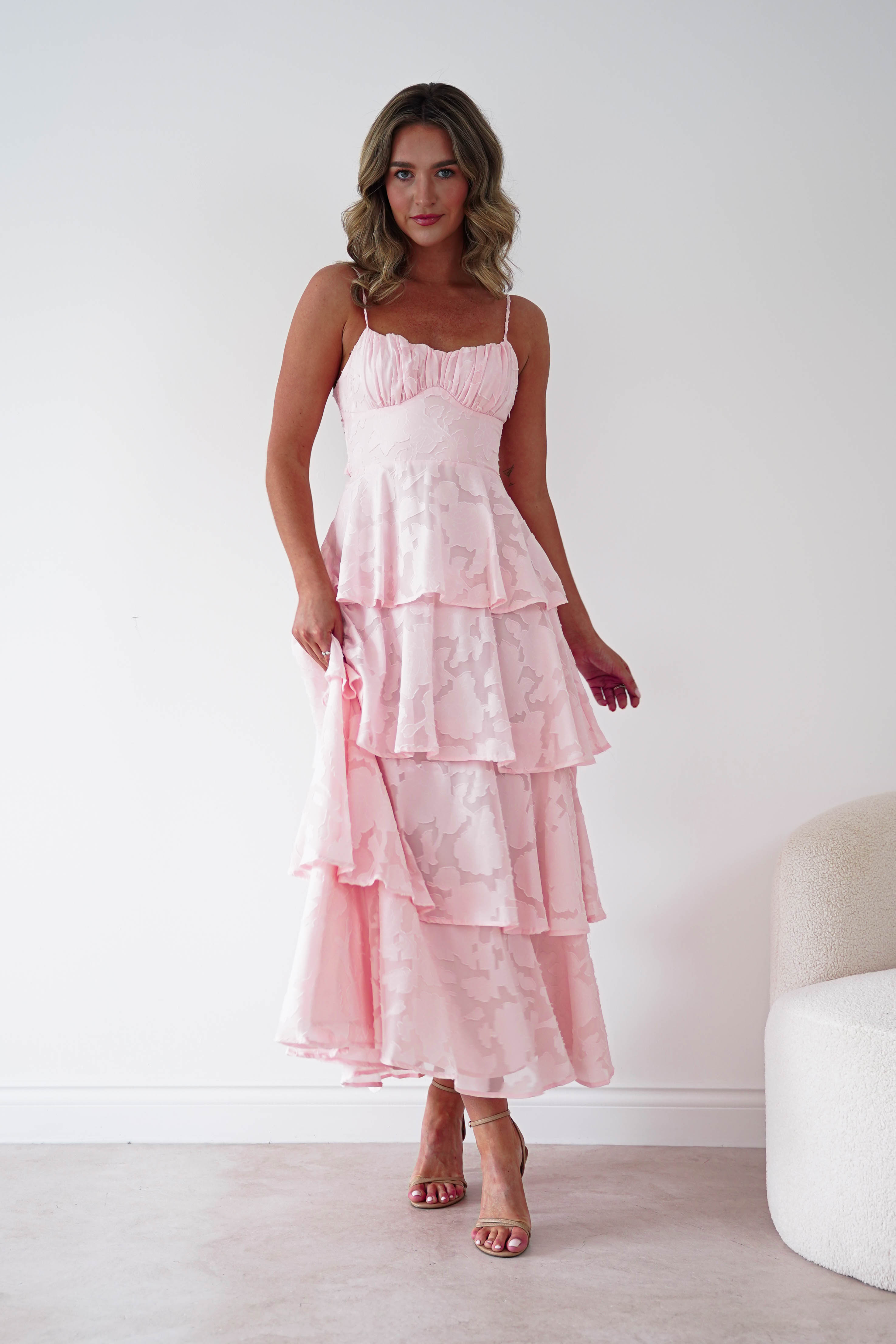 Oh Hello Clothing Women > Clothing > Dresses 1*DONE-SHAREEN COLLECTION-Blush Floral Jacquard Tiered Midi Dress