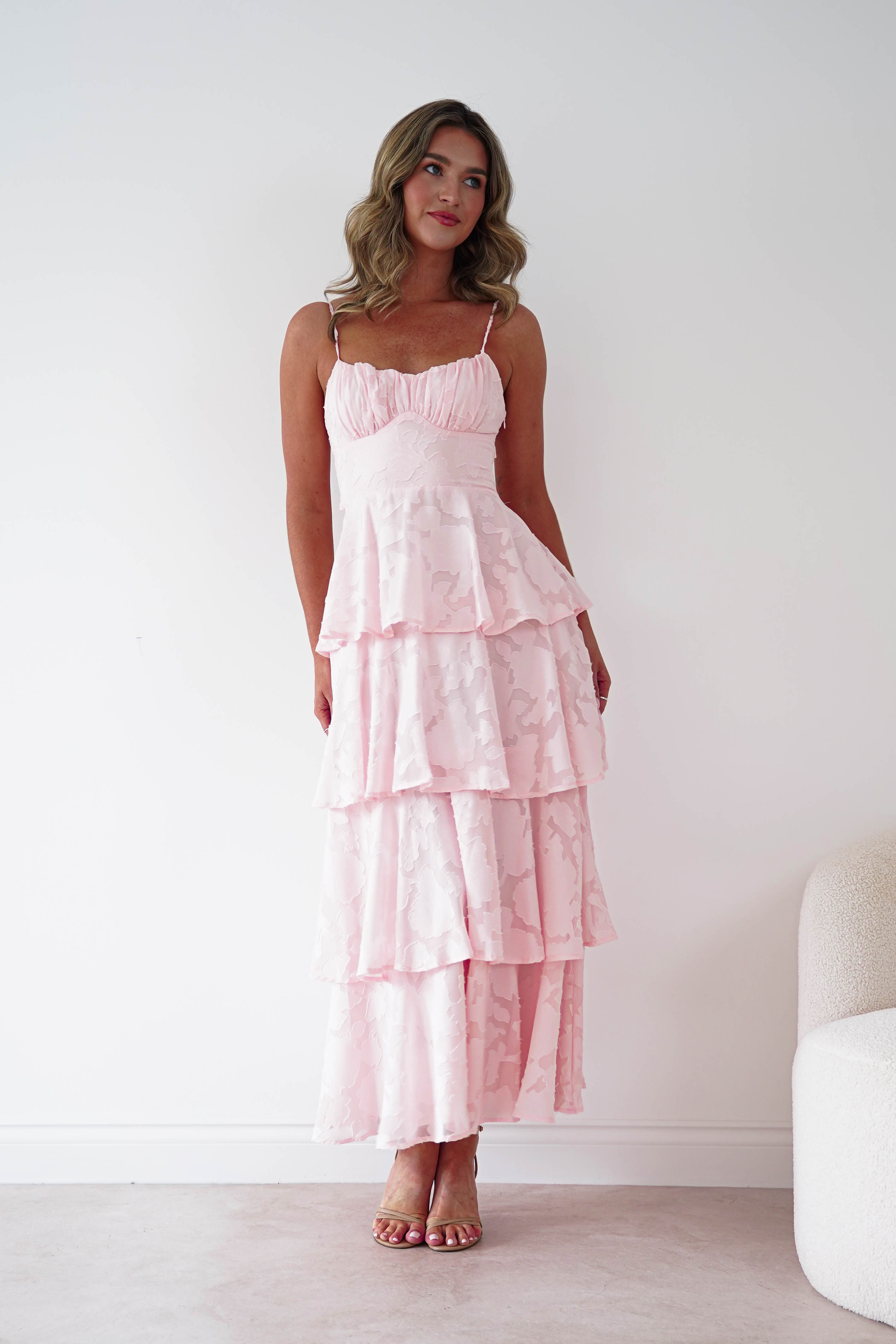 Oh Hello Clothing Women > Clothing > Dresses 1*DONE-SHAREEN COLLECTION-Blush Floral Jacquard Tiered Midi Dress