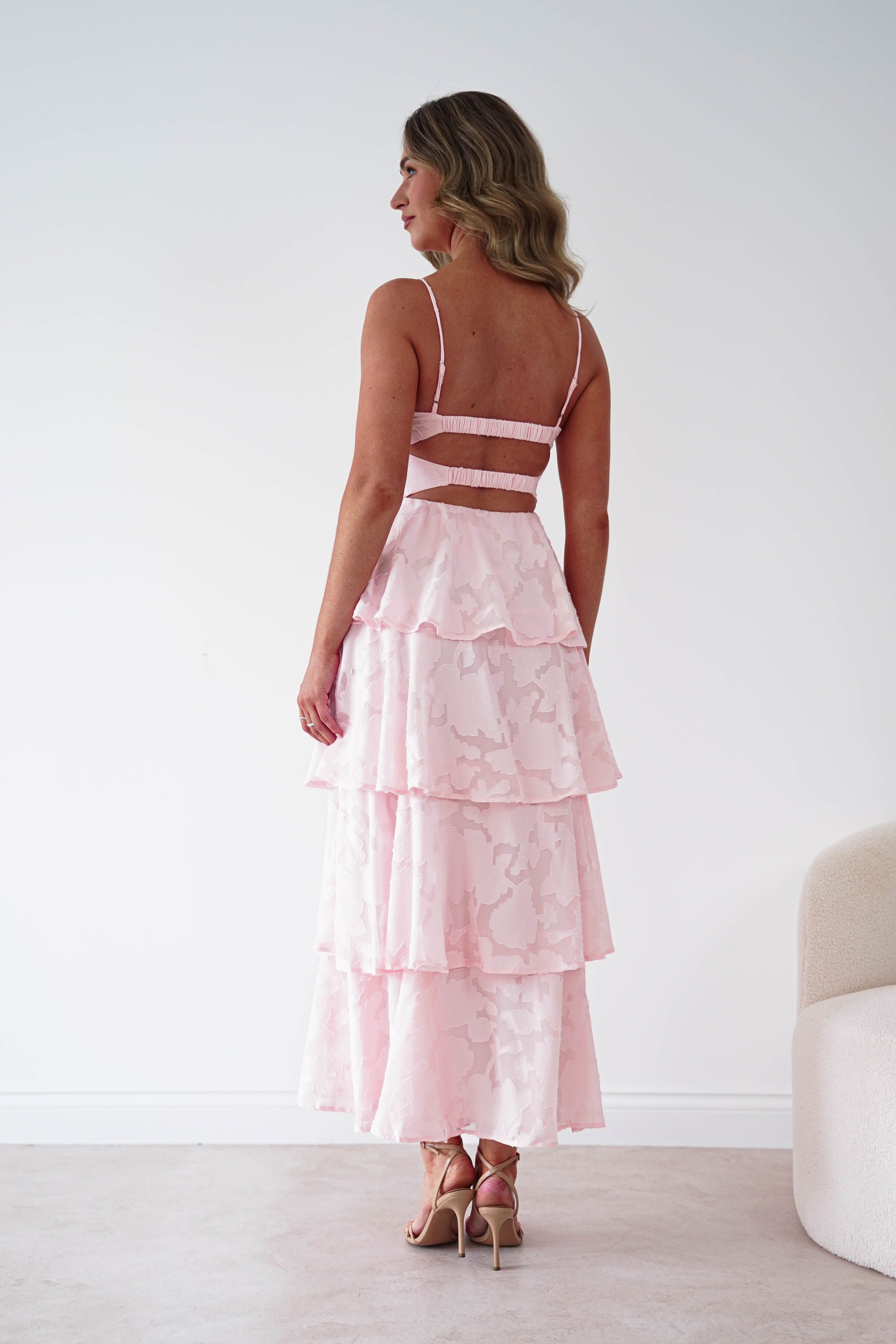Oh Hello Clothing Women > Clothing > Dresses 1*DONE-SHAREEN COLLECTION-Blush Floral Jacquard Tiered Midi Dress