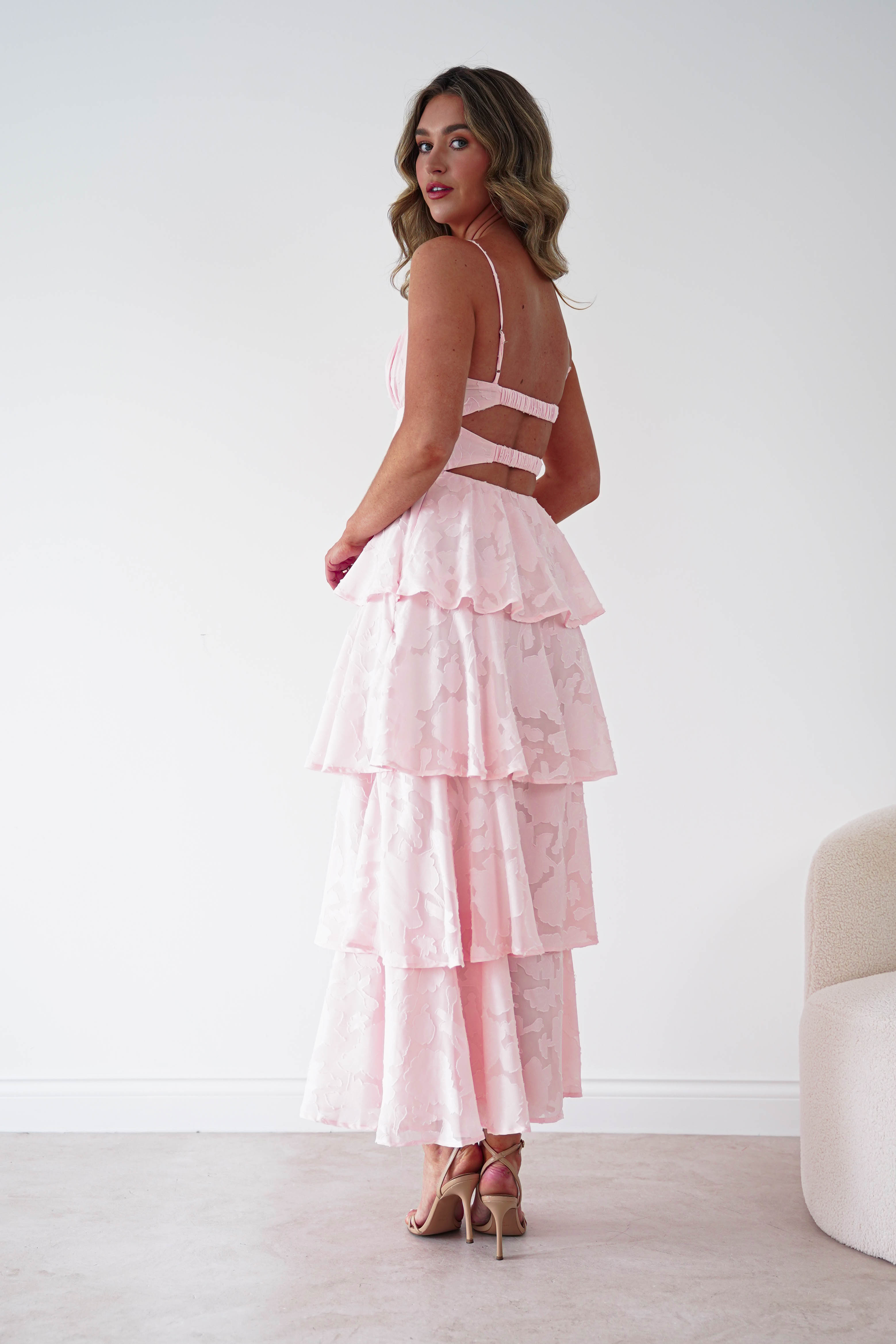 Oh Hello Clothing Women > Clothing > Dresses 1*DONE-SHAREEN COLLECTION-Blush Floral Jacquard Tiered Midi Dress